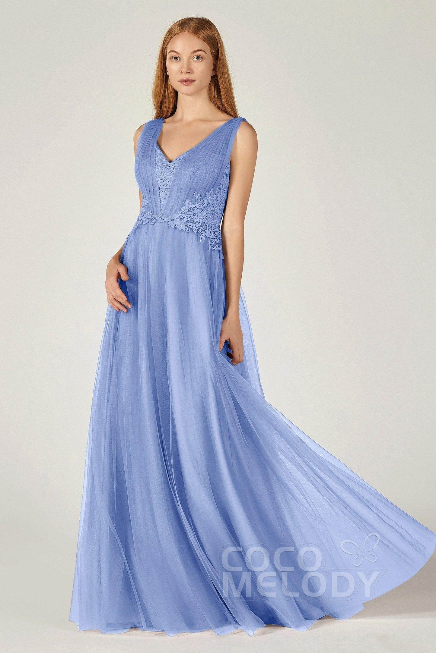 A-Line Floor Length Tulle/Lace Bridesmaid Dress CB0381 - COCOMELODY