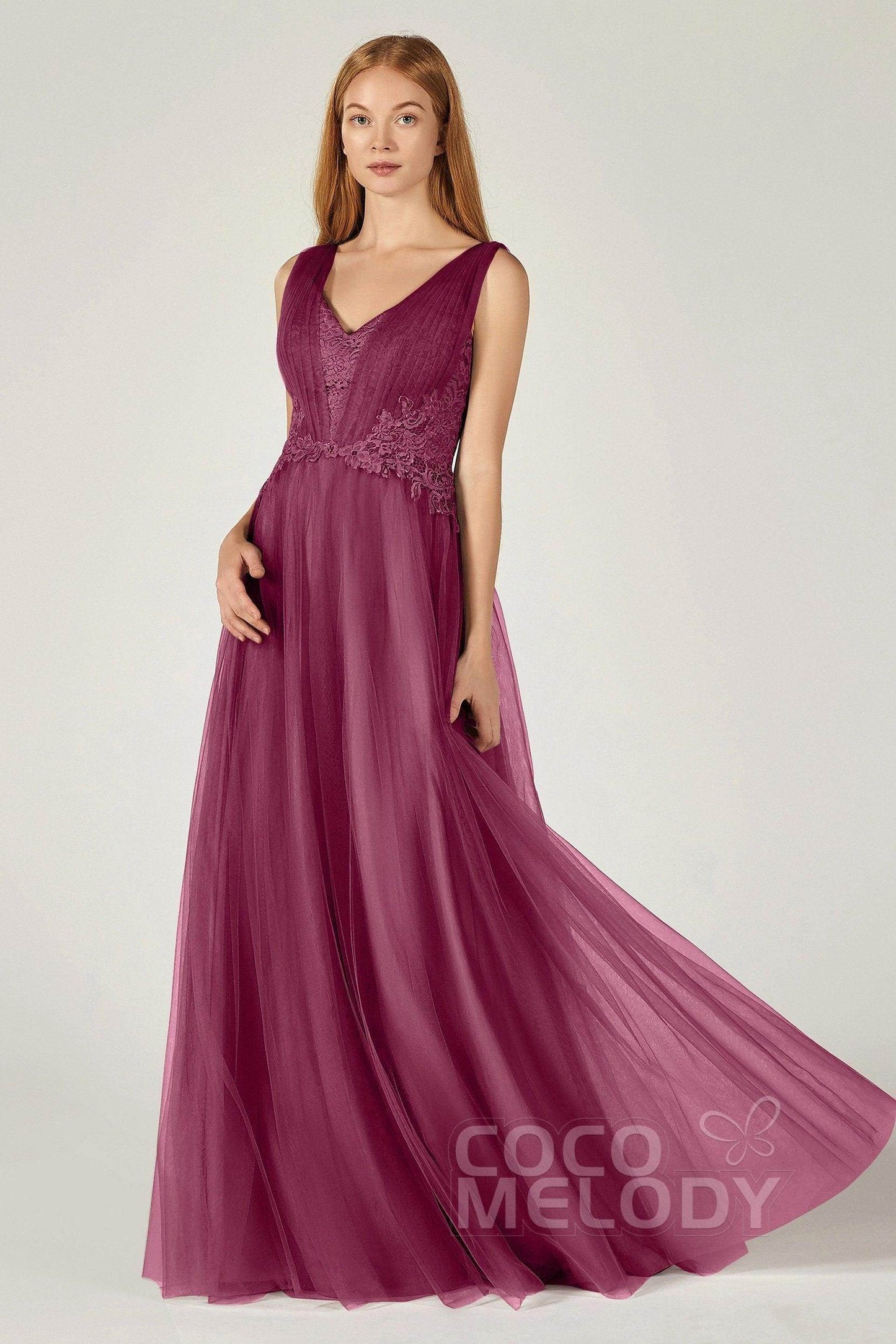 A-Line Floor Length Tulle/Lace Bridesmaid Dress CB0381 - COCOMELODY