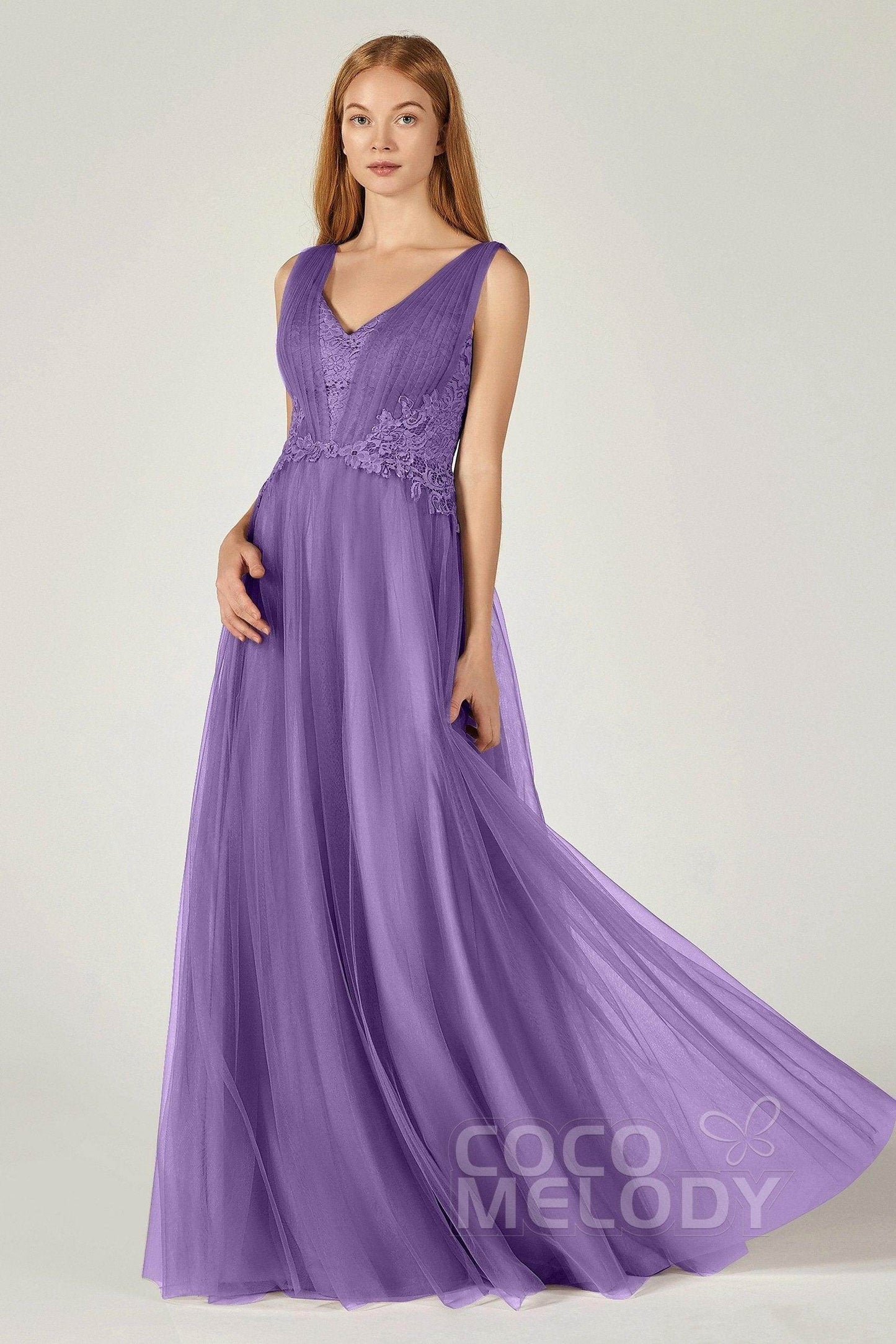 A-Line Floor Length Tulle/Lace Bridesmaid Dress CB0381 - COCOMELODY