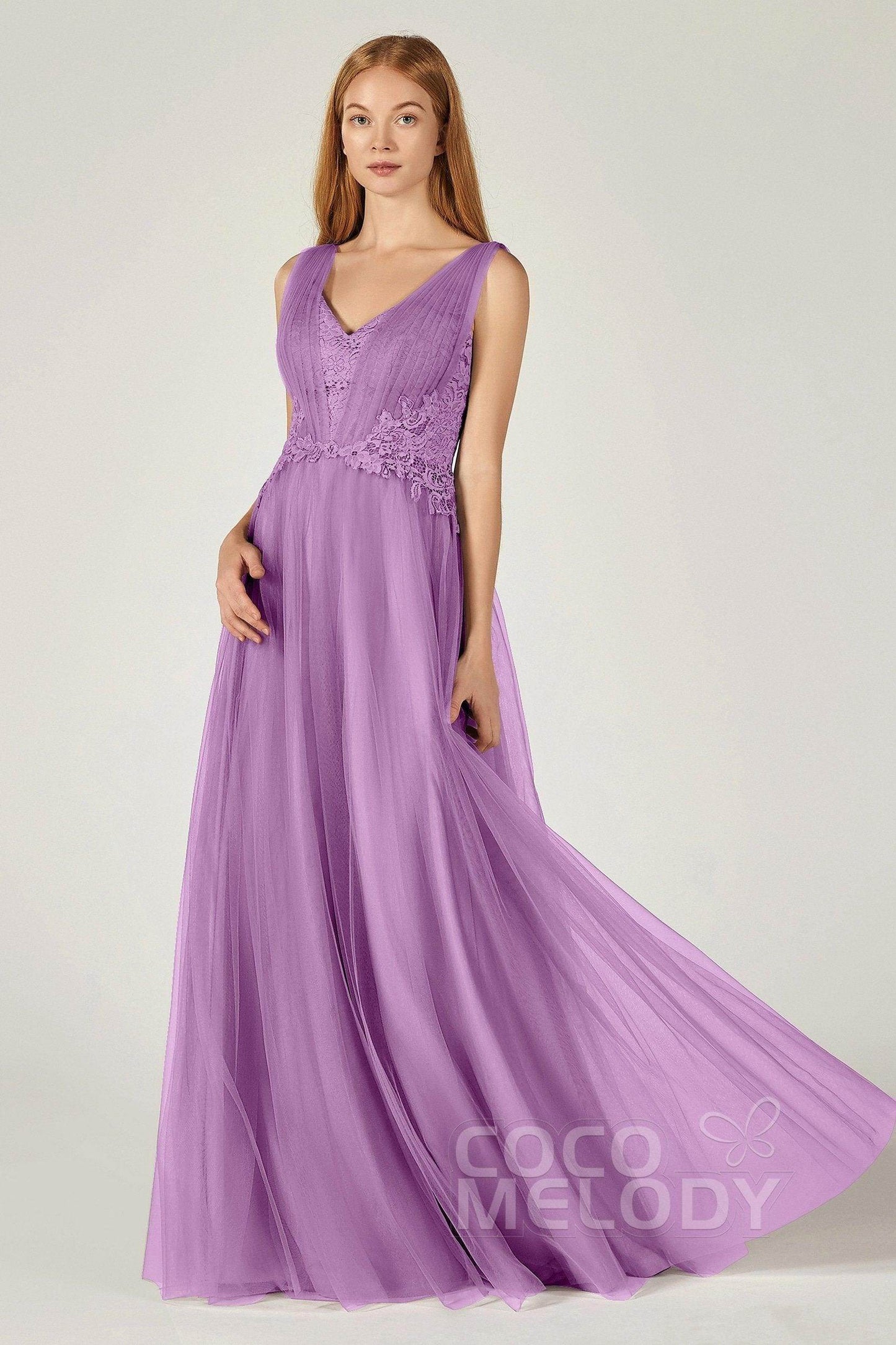 A-Line Floor Length Tulle/Lace Bridesmaid Dress CB0381 - COCOMELODY