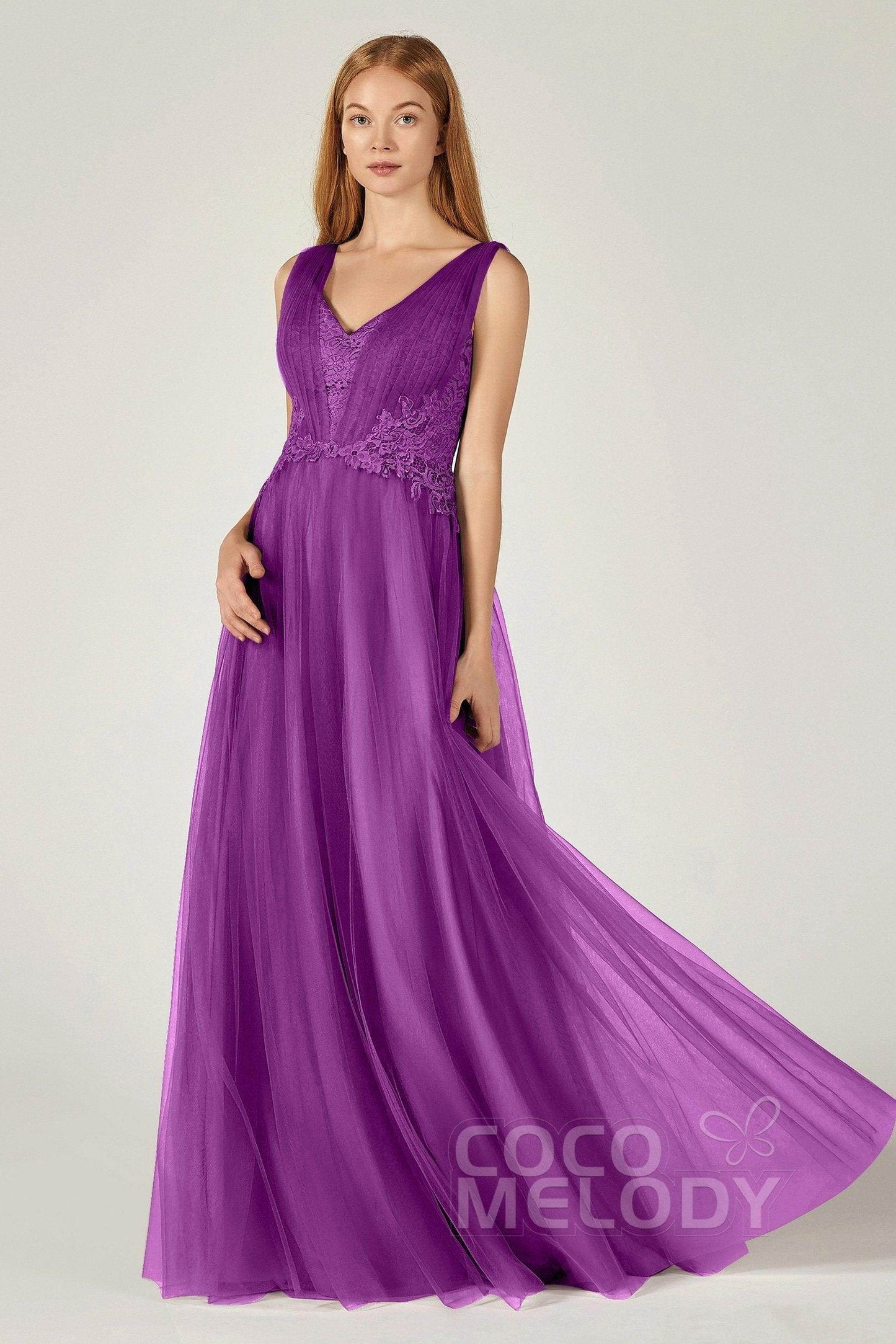 A-Line Floor Length Tulle/Lace Bridesmaid Dress CB0381 - COCOMELODY