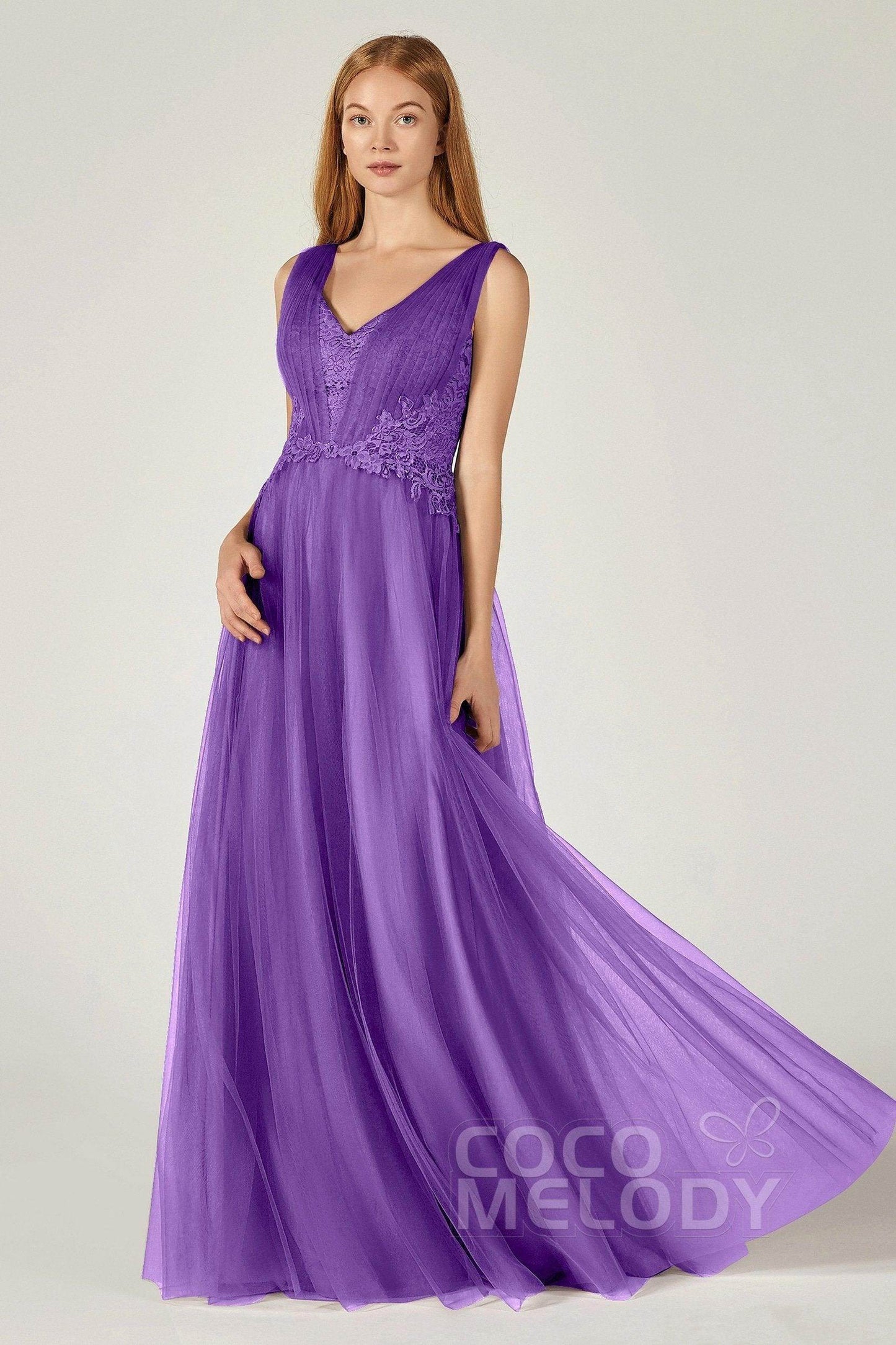 A-Line Floor Length Tulle/Lace Bridesmaid Dress CB0381 - COCOMELODY