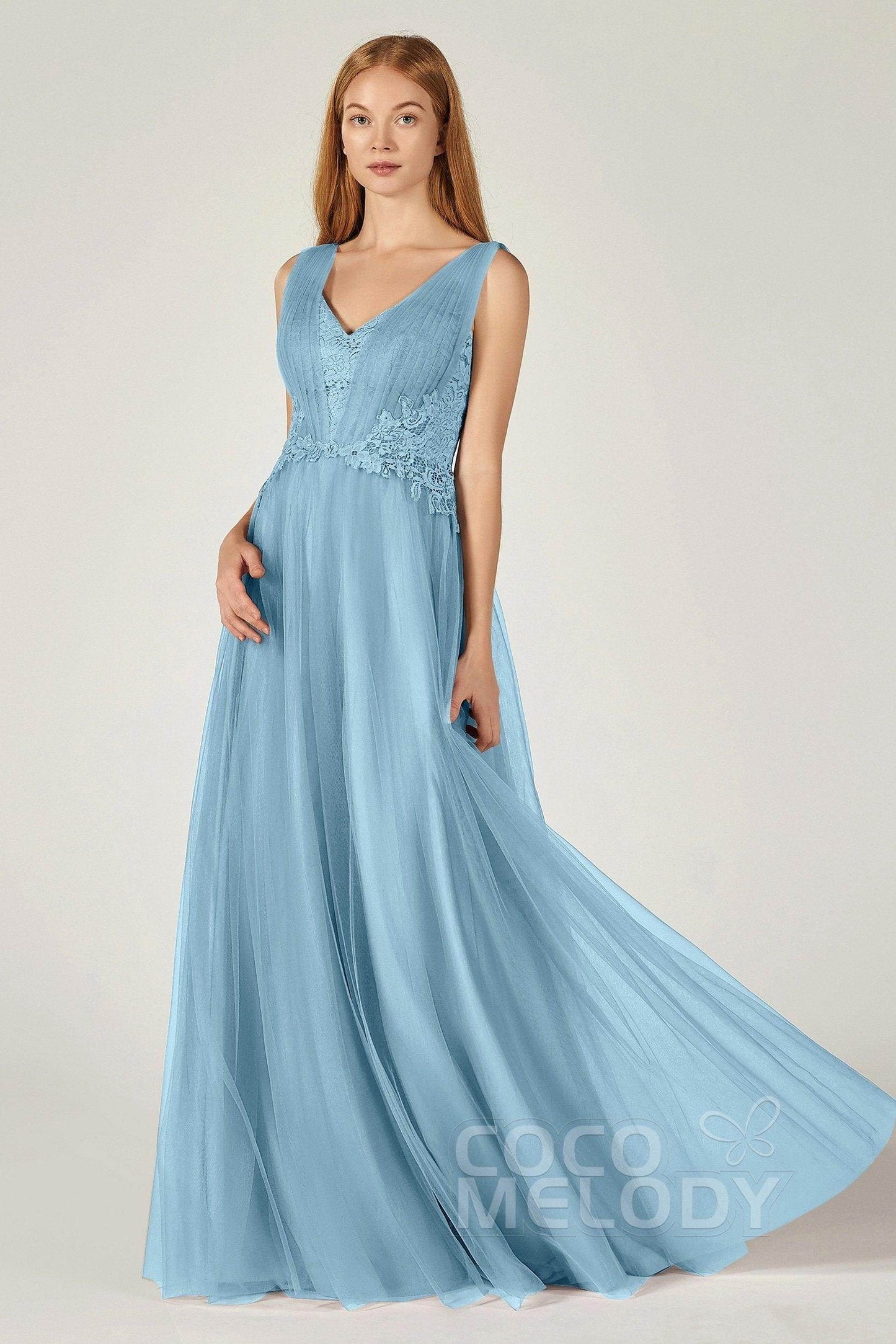 A-Line Floor Length Tulle/Lace Bridesmaid Dress CB0381 - COCOMELODY