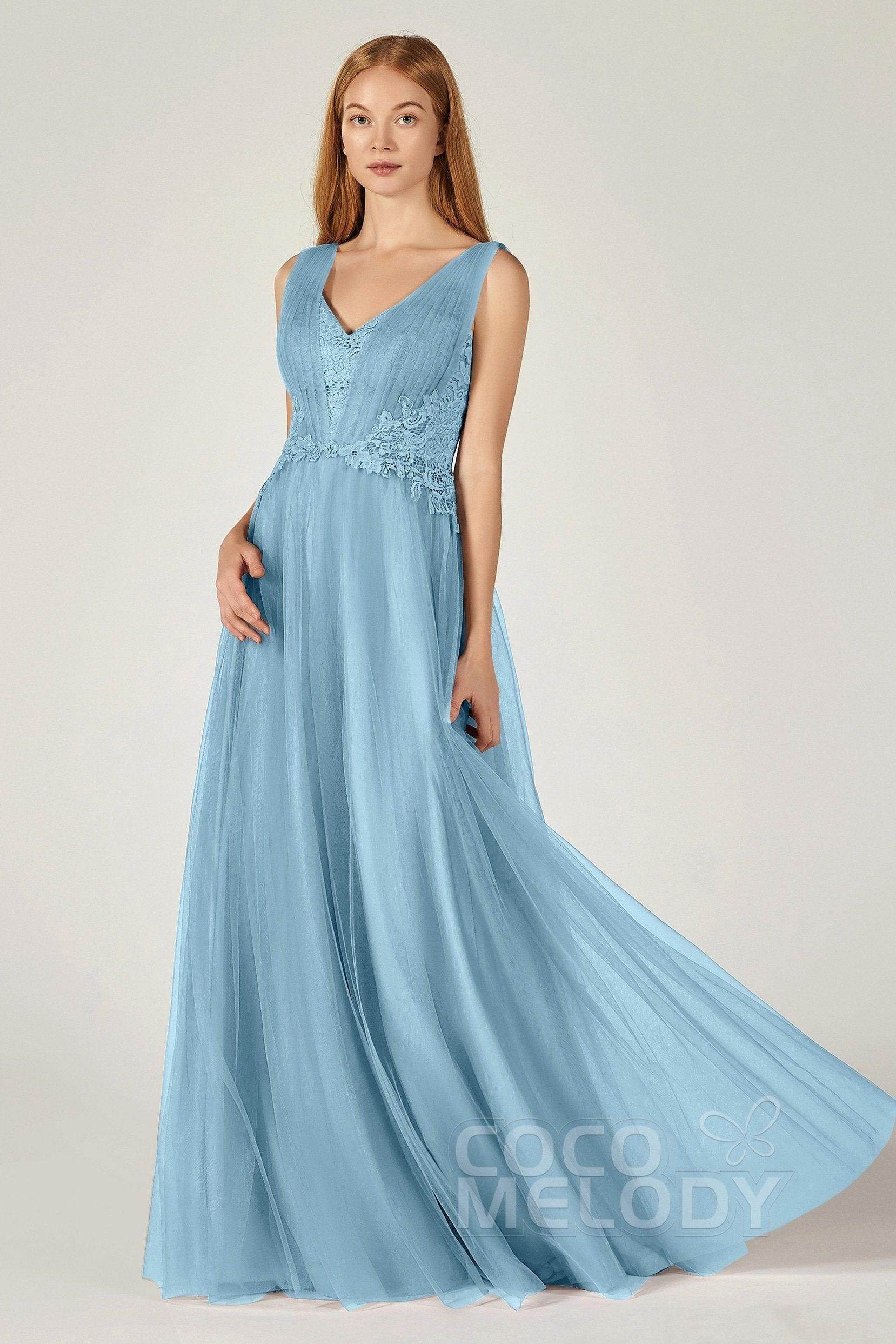 A-Line Floor Length Tulle/Lace Bridesmaid Dress CB0381 - COCOMELODY
