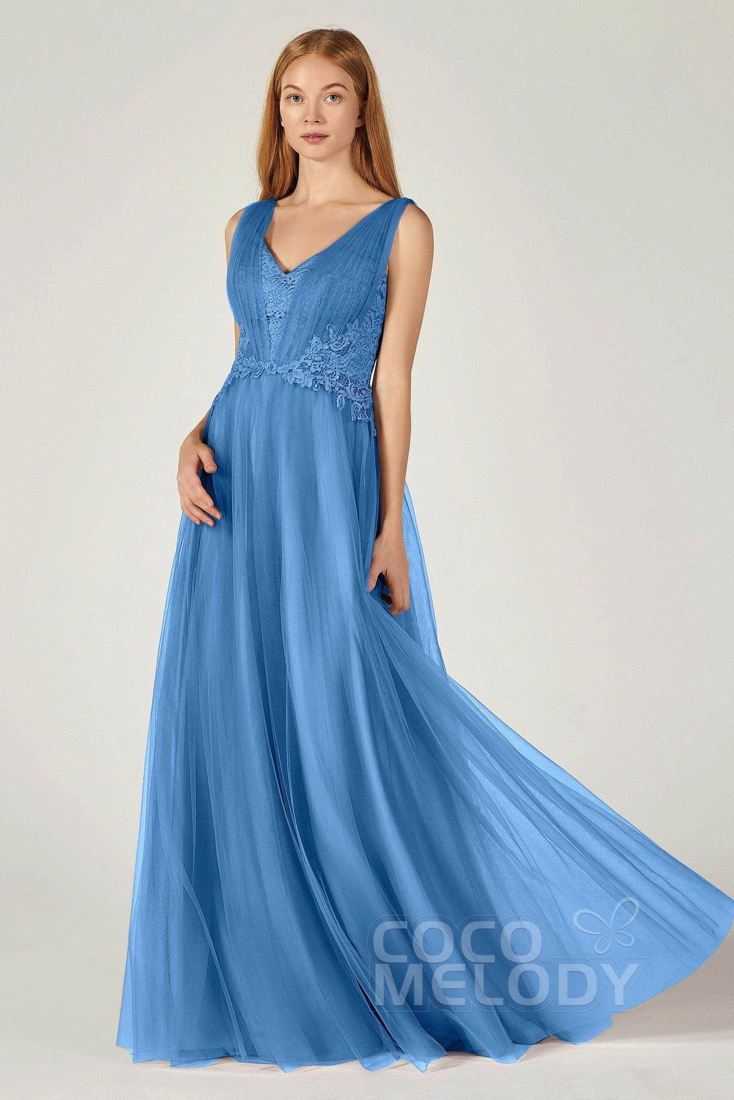 A-Line Floor Length Tulle/Lace Bridesmaid Dress CB0381 - COCOMELODY