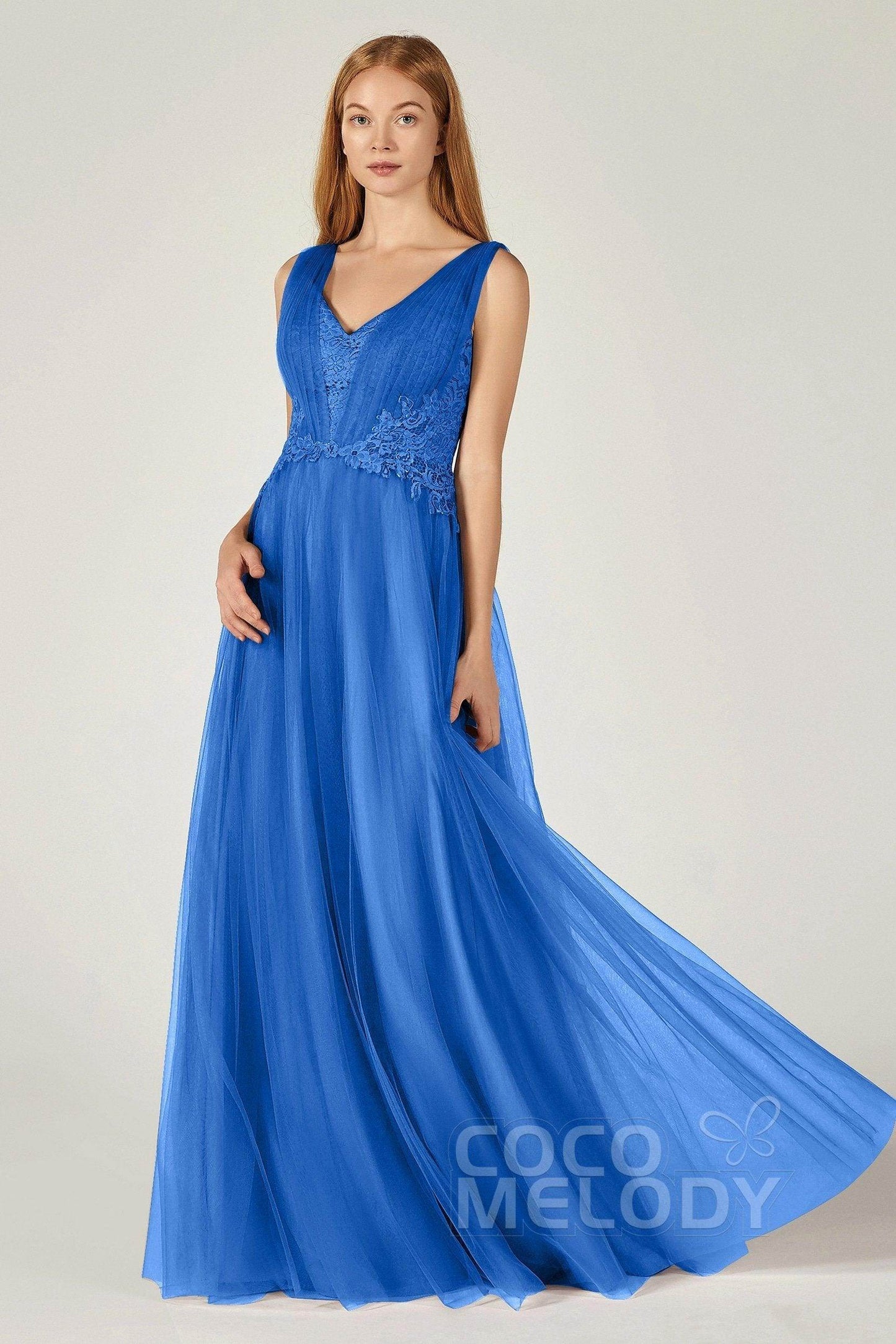 A-Line Floor Length Tulle/Lace Bridesmaid Dress CB0381 - COCOMELODY