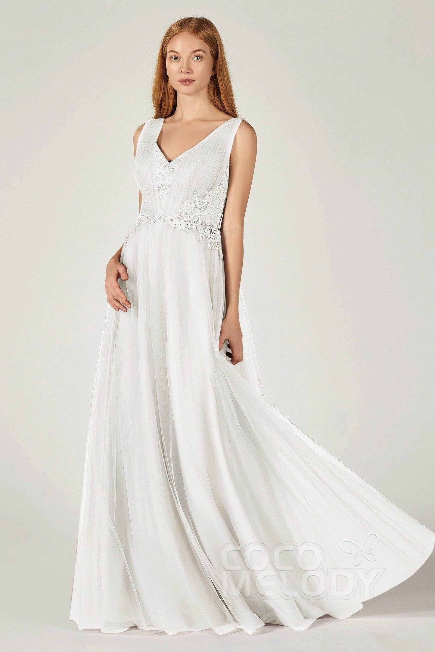 A-Line Floor Length Tulle/Lace Bridesmaid Dress CB0381 - COCOMELODY