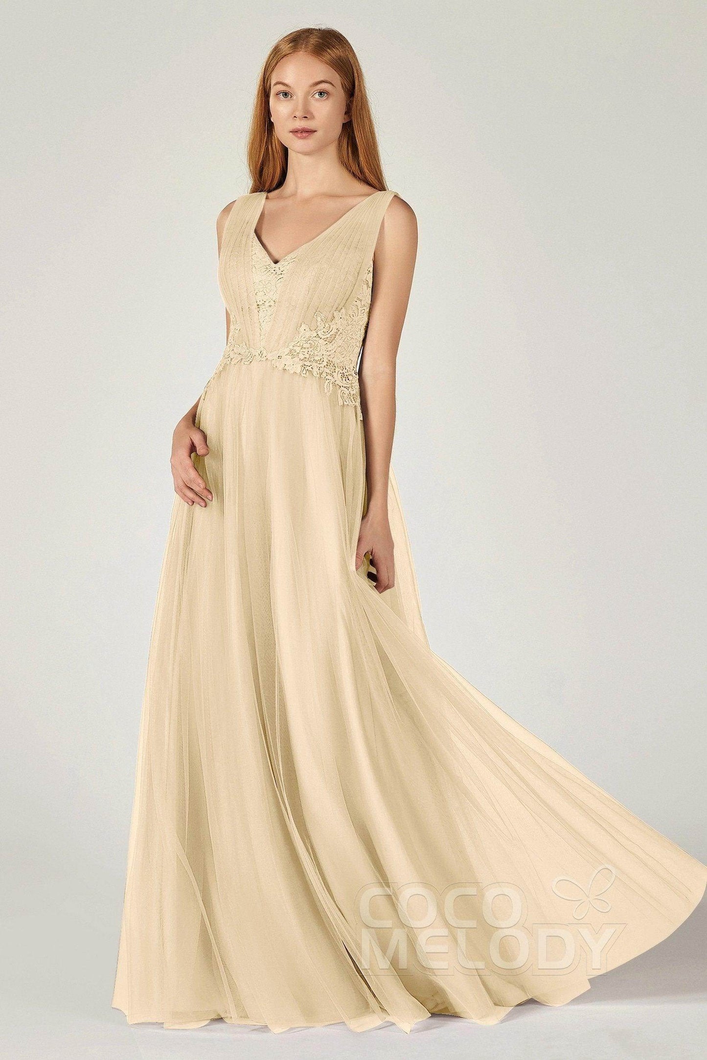 A-Line Floor Length Tulle/Lace Bridesmaid Dress CB0381 - COCOMELODY