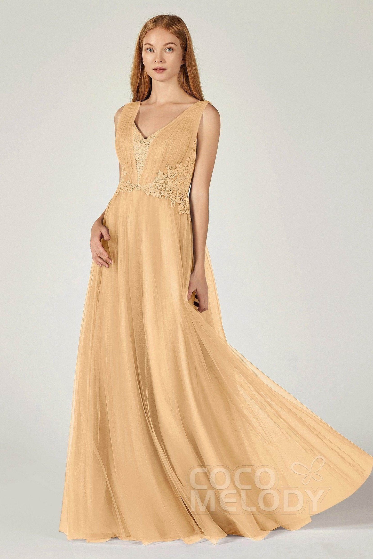 A-Line Floor Length Tulle/Lace Bridesmaid Dress CB0381 - COCOMELODY