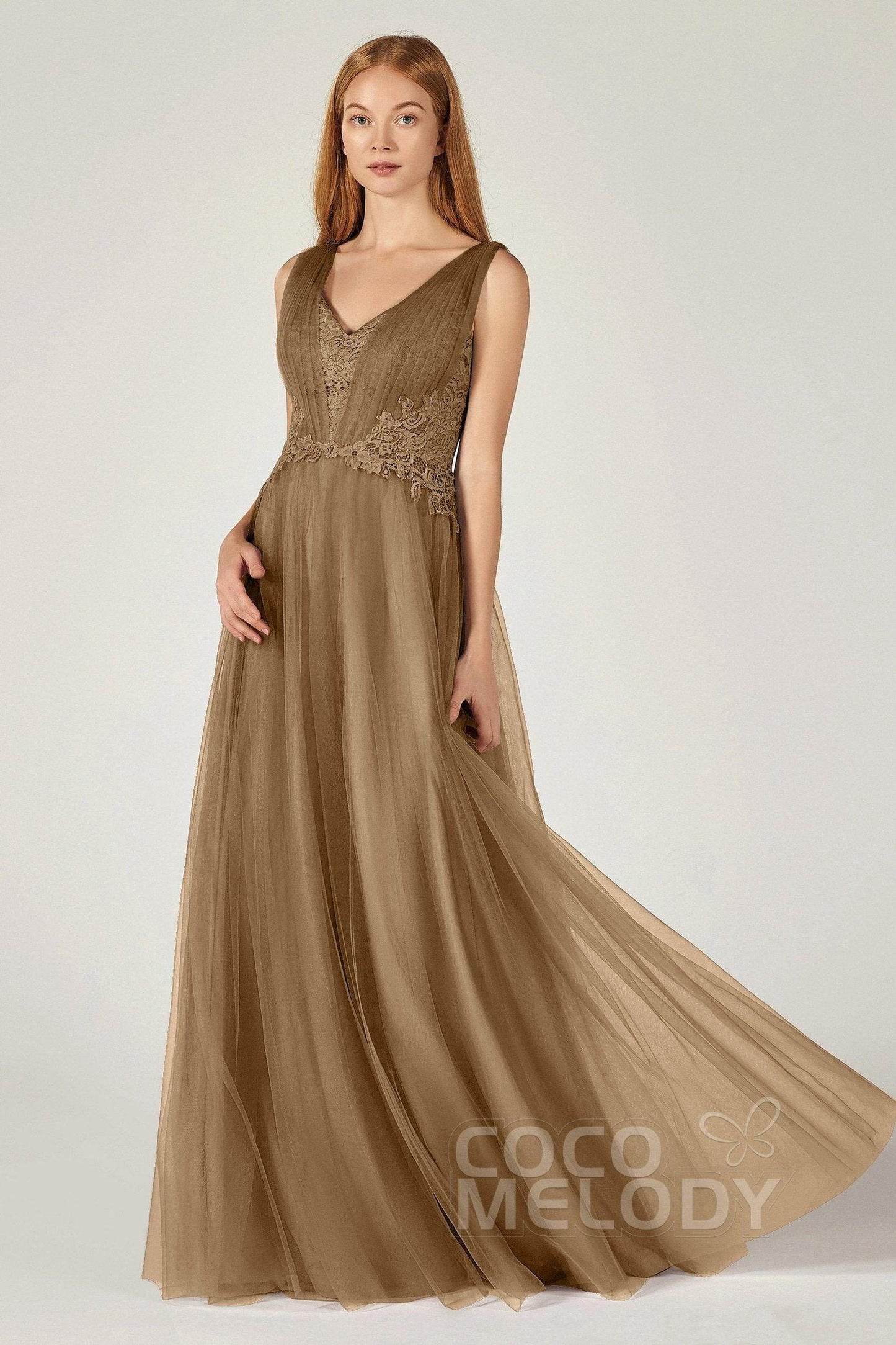 A-Line Floor Length Tulle/Lace Bridesmaid Dress CB0381 - COCOMELODY