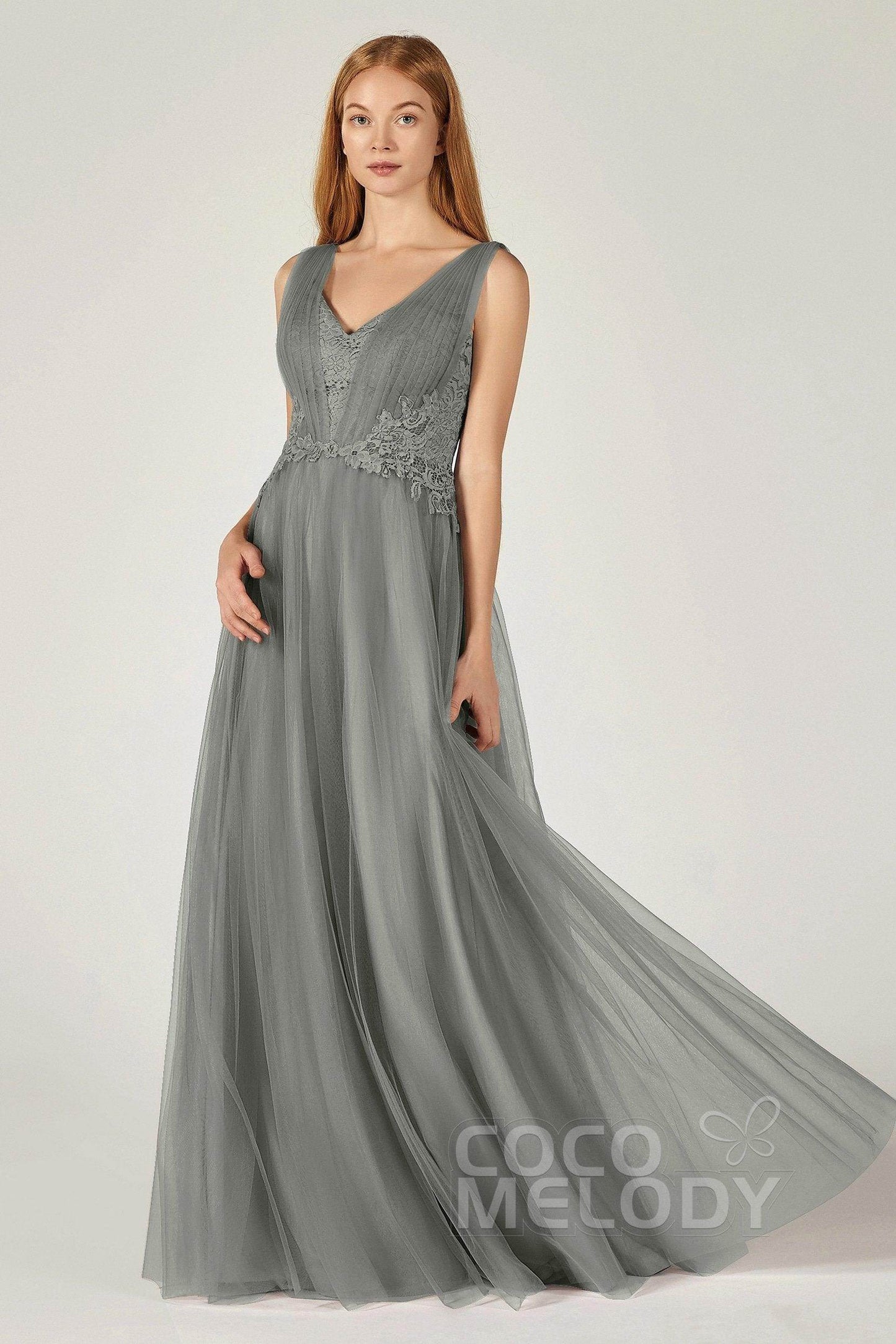 A-Line Floor Length Tulle/Lace Bridesmaid Dress CB0381 - COCOMELODY