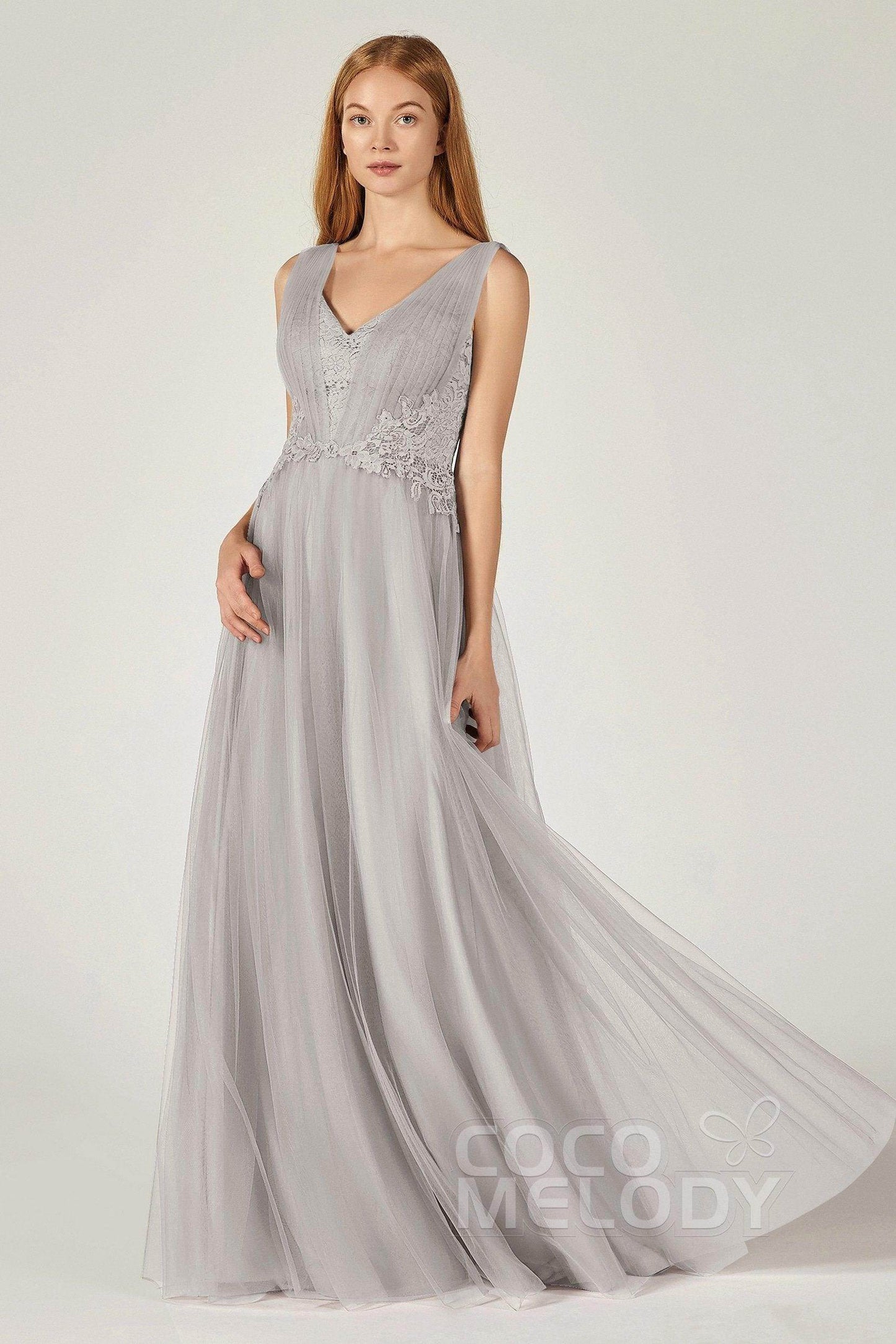 A-Line Floor Length Tulle/Lace Bridesmaid Dress CB0381 - COCOMELODY