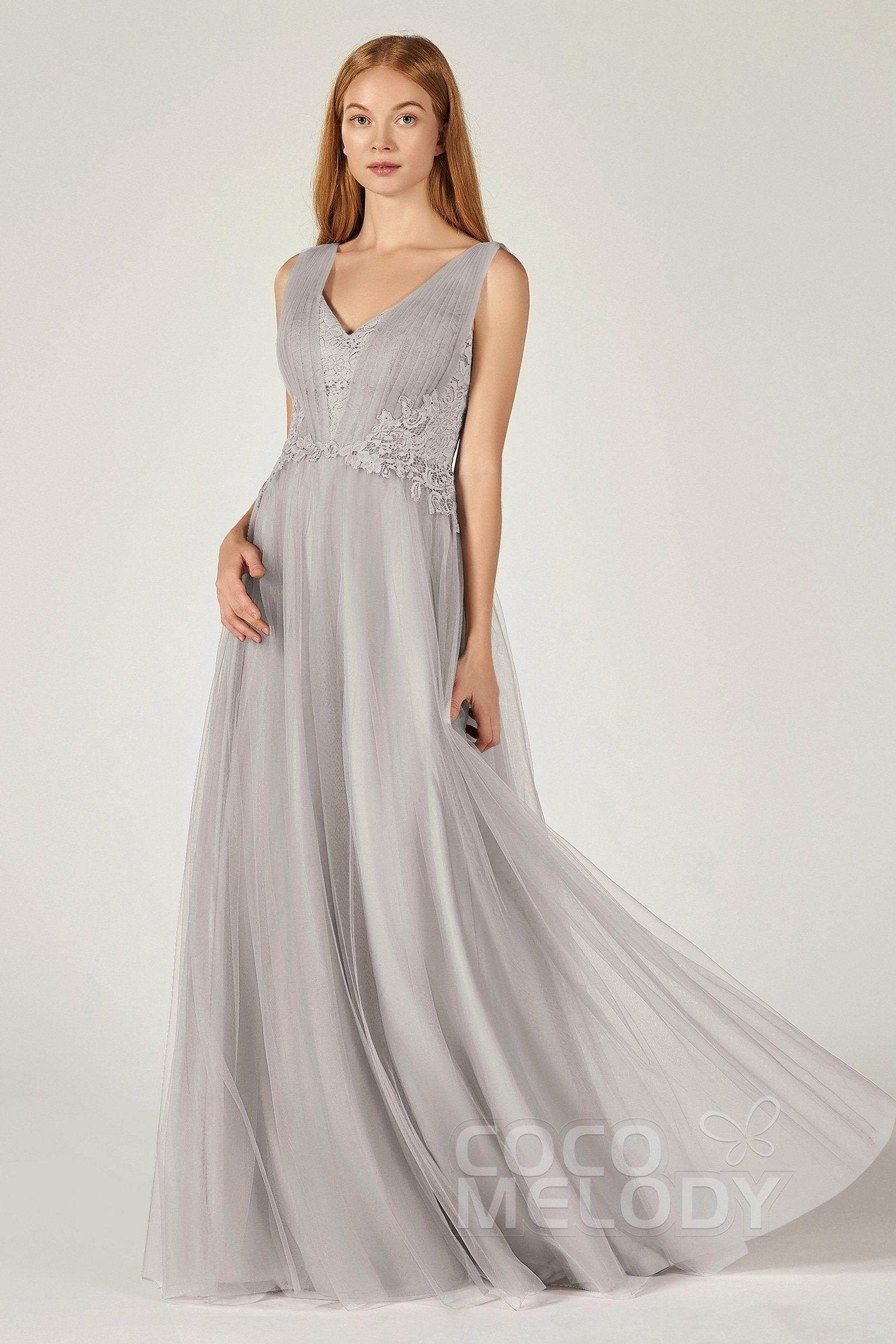 A-Line Floor Length Tulle/Lace Bridesmaid Dress CB0381 - COCOMELODY