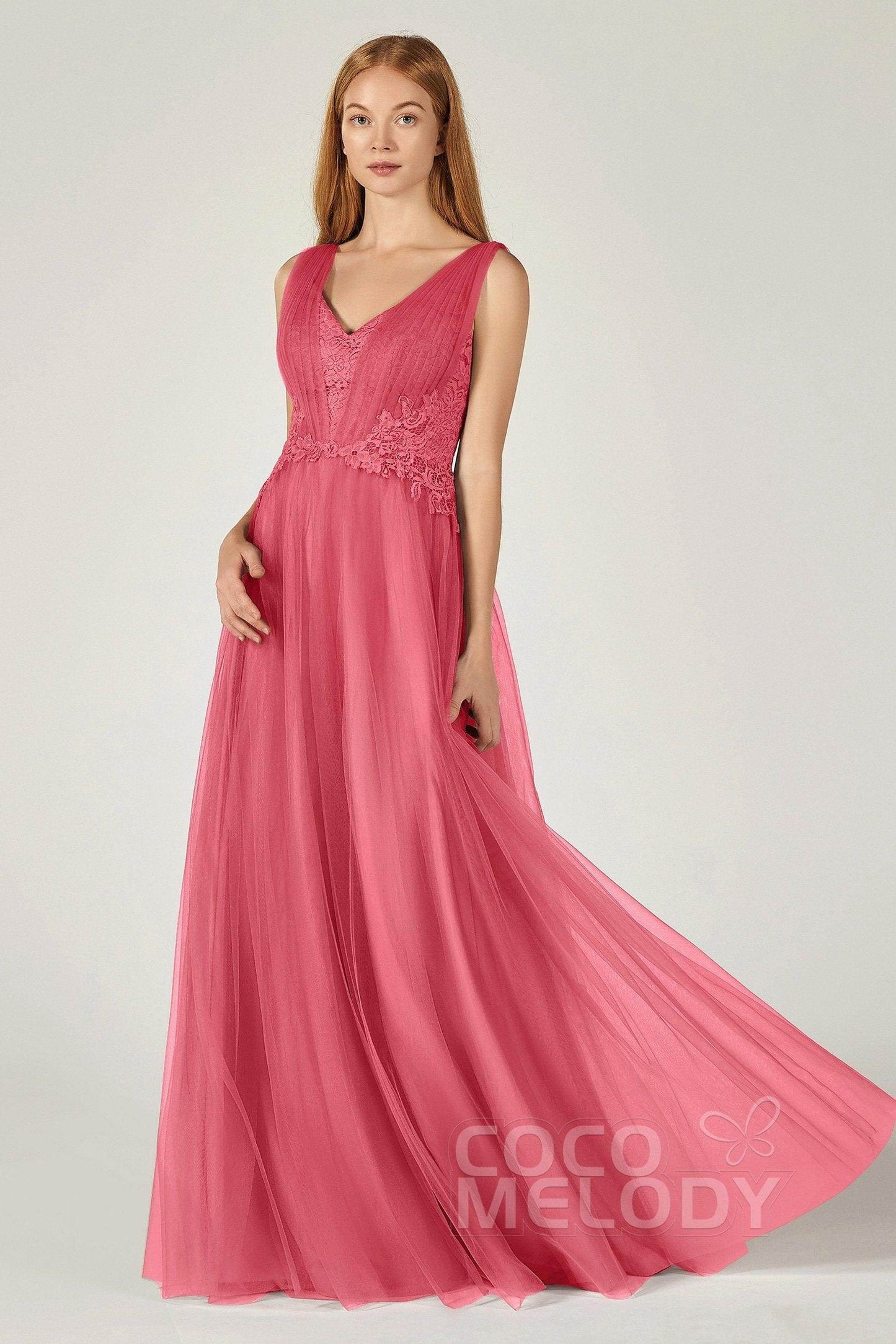 A-Line Floor Length Tulle/Lace Bridesmaid Dress CB0381 - COCOMELODY