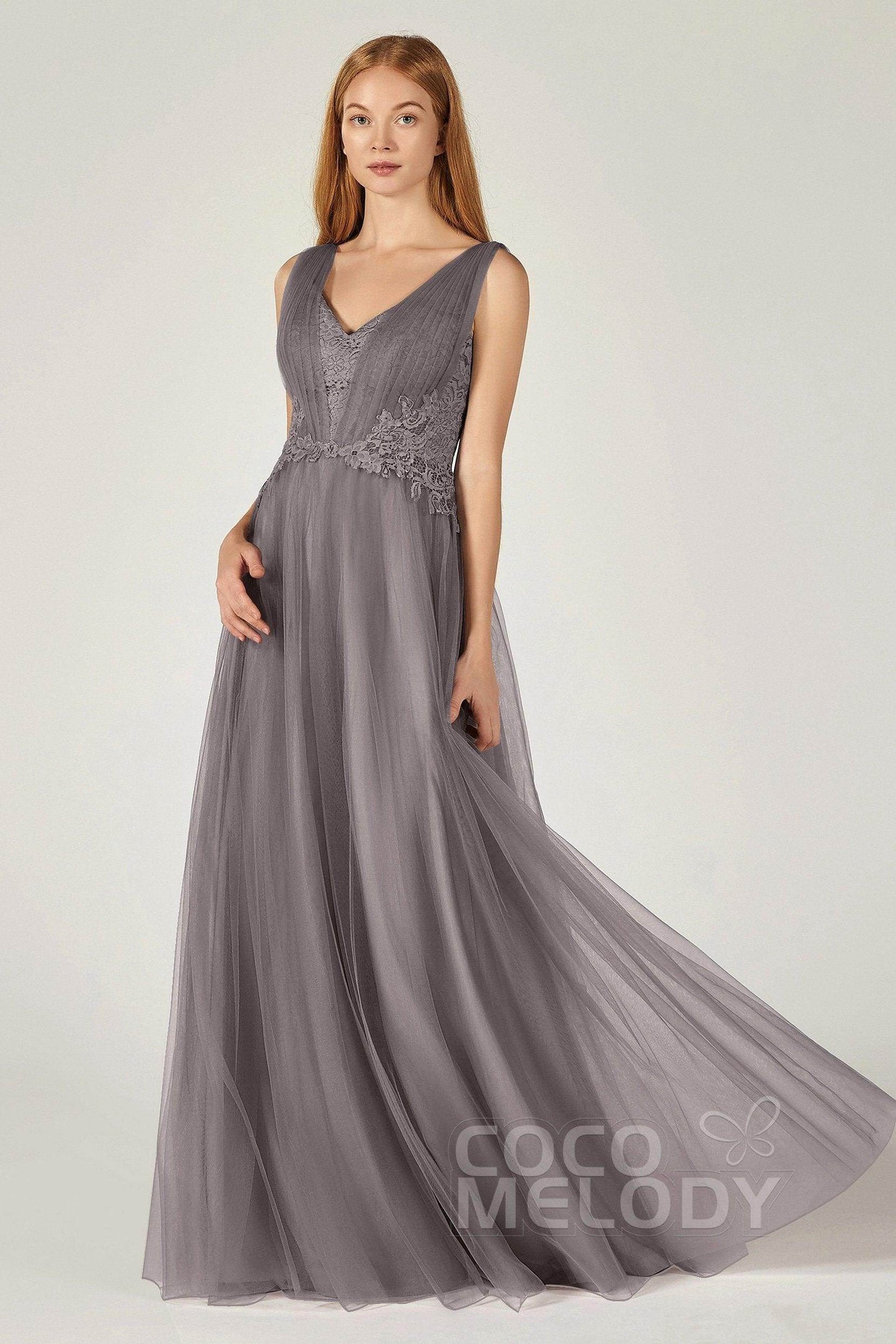 A-Line Floor Length Tulle/Lace Bridesmaid Dress CB0381 - COCOMELODY