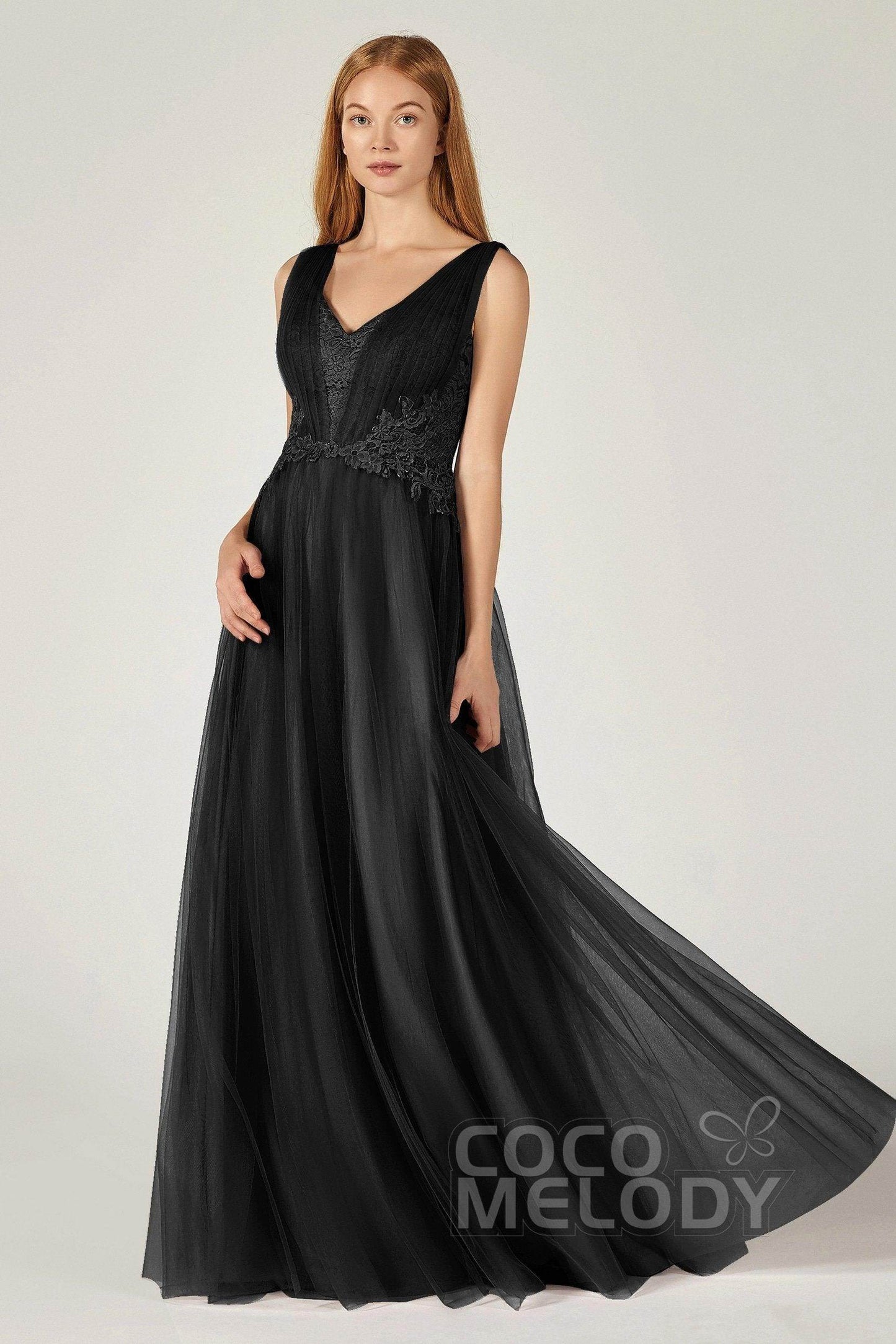 A-Line Floor Length Tulle/Lace Bridesmaid Dress CB0381 - COCOMELODY