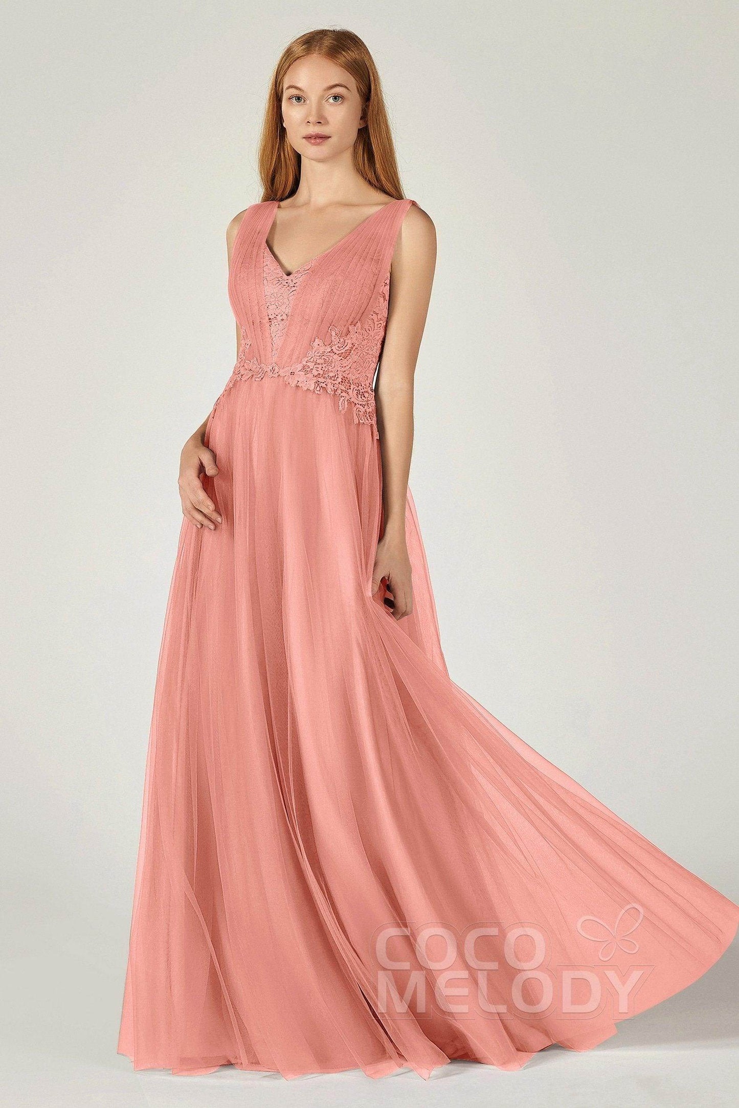 A-Line Floor Length Tulle/Lace Bridesmaid Dress CB0381 - COCOMELODY