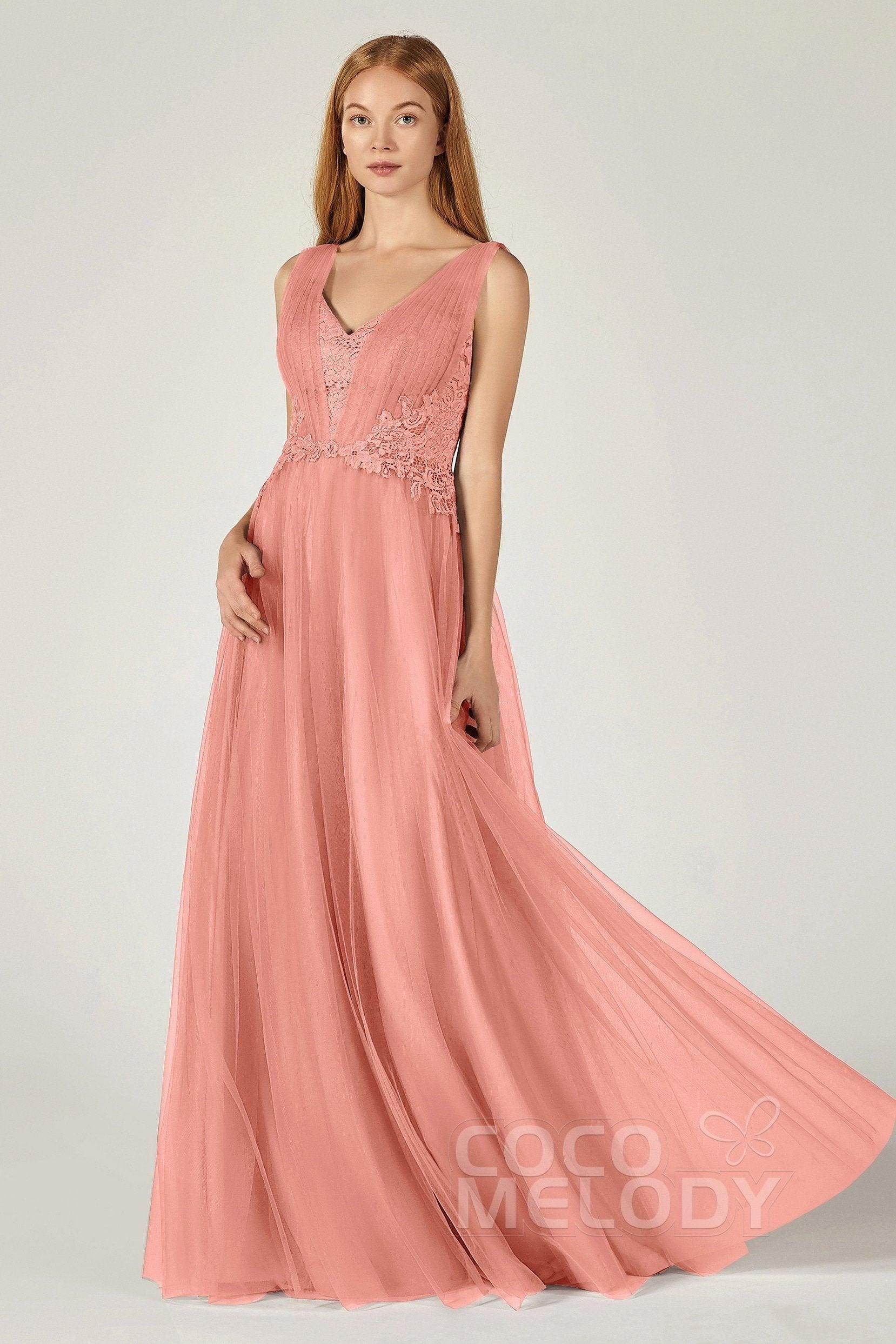 A-Line Floor Length Tulle/Lace Bridesmaid Dress CB0381 - COCOMELODY