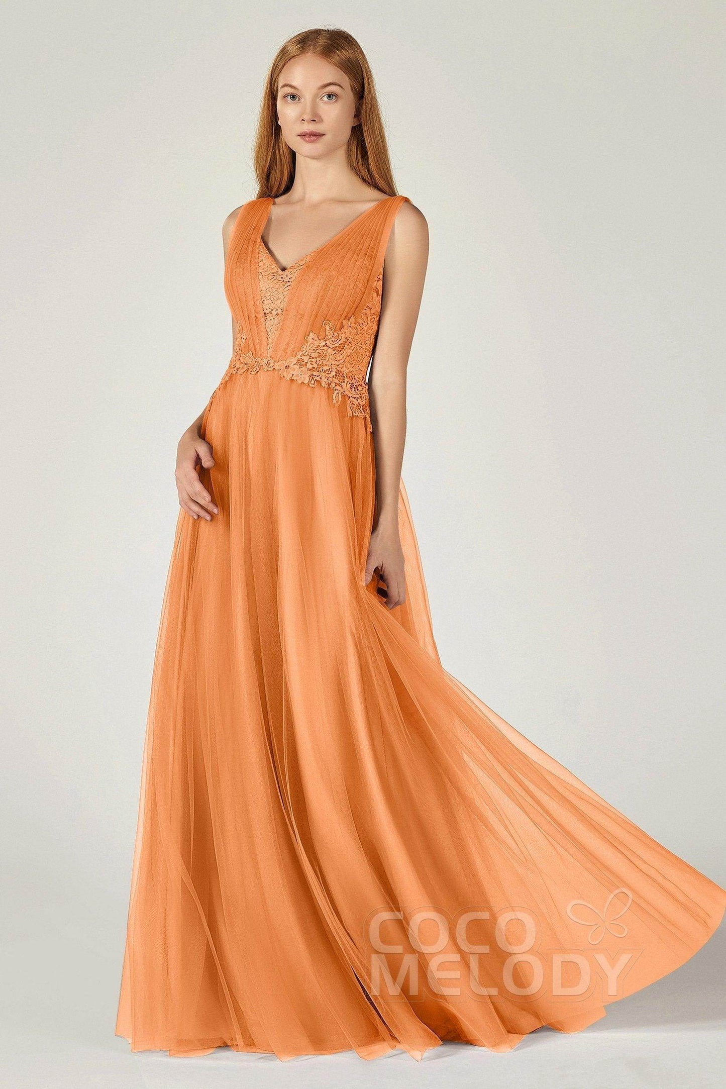 A-Line Floor Length Tulle/Lace Bridesmaid Dress CB0381 - COCOMELODY