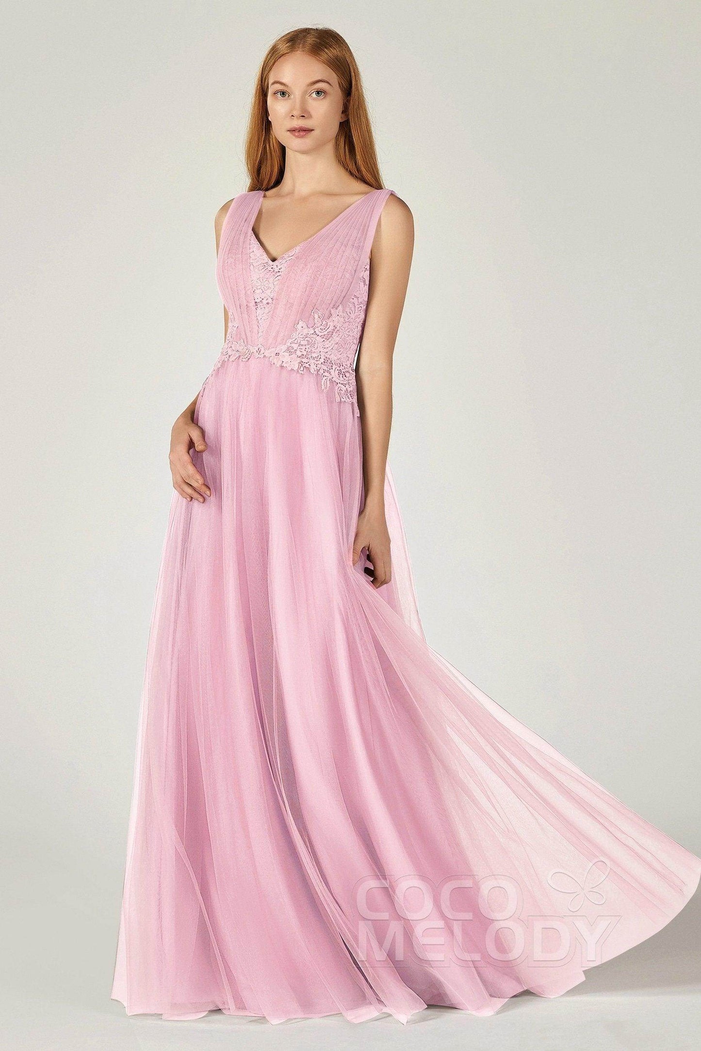 A-Line Floor Length Tulle/Lace Bridesmaid Dress CB0381 - COCOMELODY