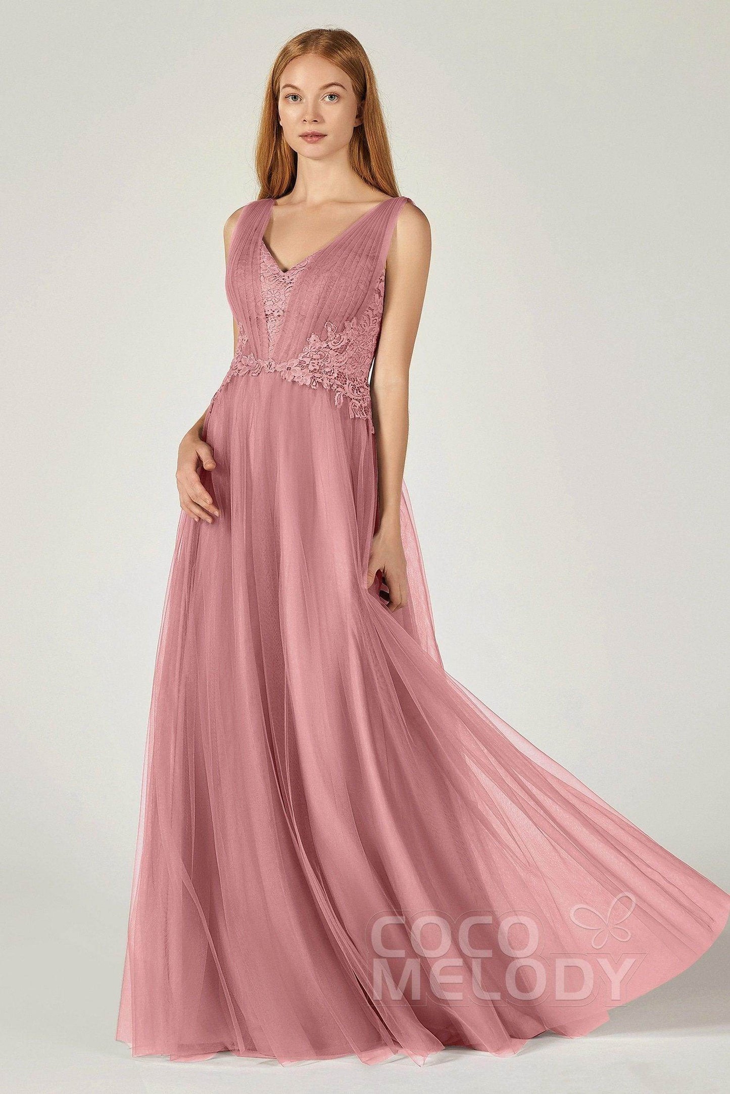 A-Line Floor Length Tulle/Lace Bridesmaid Dress CB0381 - COCOMELODY