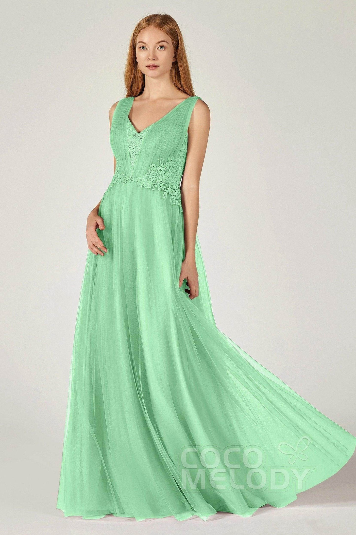 A-Line Floor Length Tulle/Lace Bridesmaid Dress CB0381 - COCOMELODY