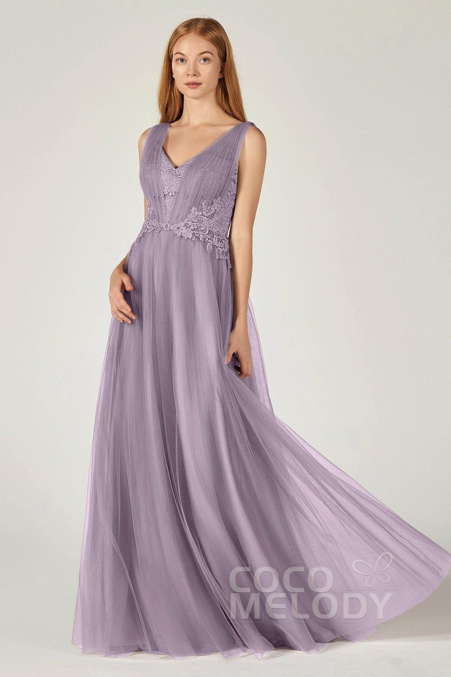 A-Line Floor Length Tulle/Lace Bridesmaid Dress CB0381 - COCOMELODY