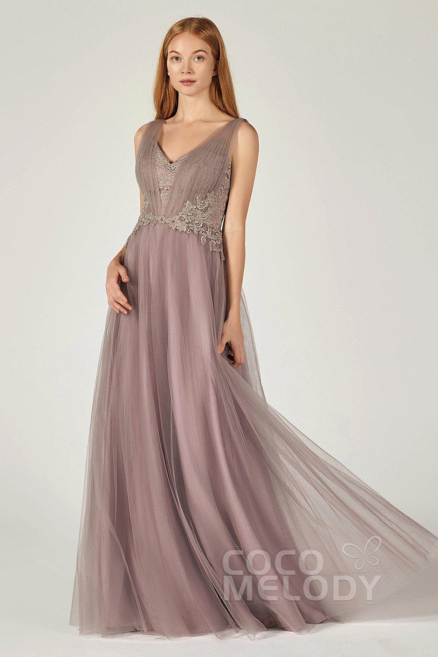A-Line Floor Length Tulle/Lace Bridesmaid Dress CB0381 - COCOMELODY