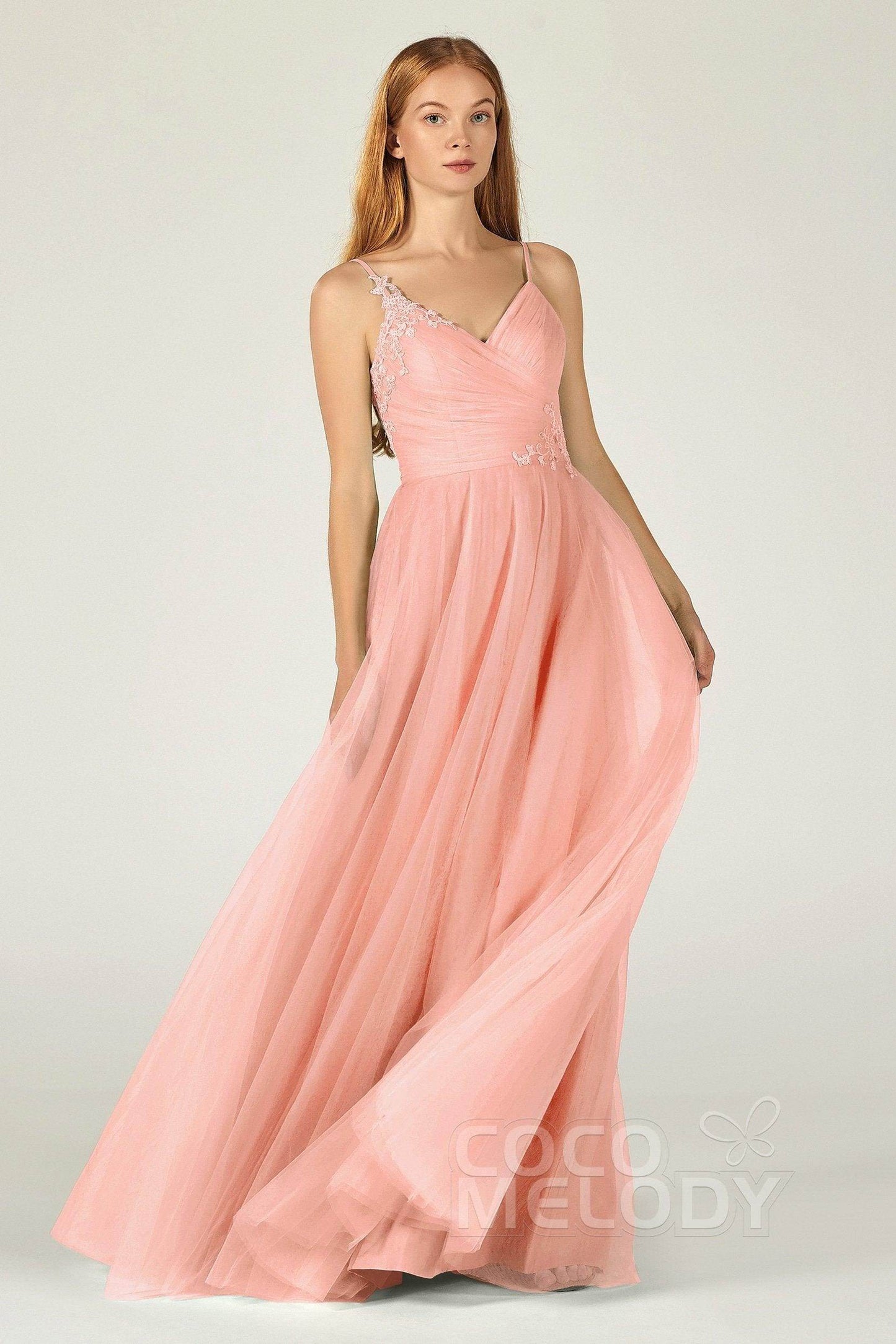 A-Line Floor Length Tulle Bridesmaid Dress CB0383 - COCOMELODY
