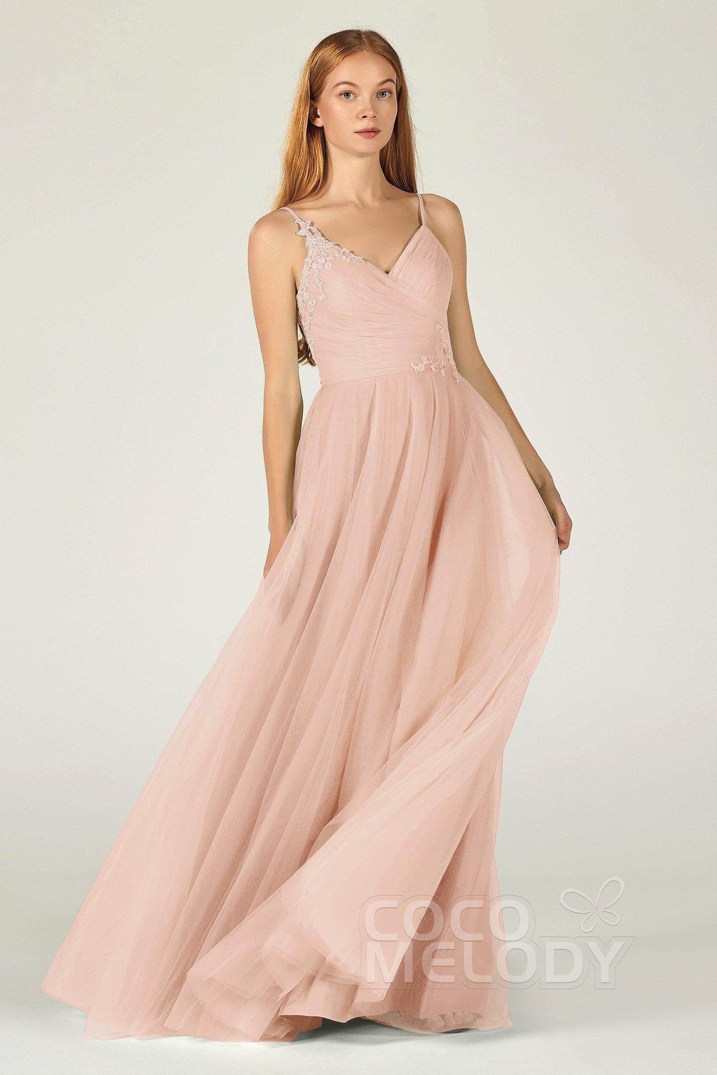 A-Line Floor Length Tulle Bridesmaid Dress CB0383 - COCOMELODY