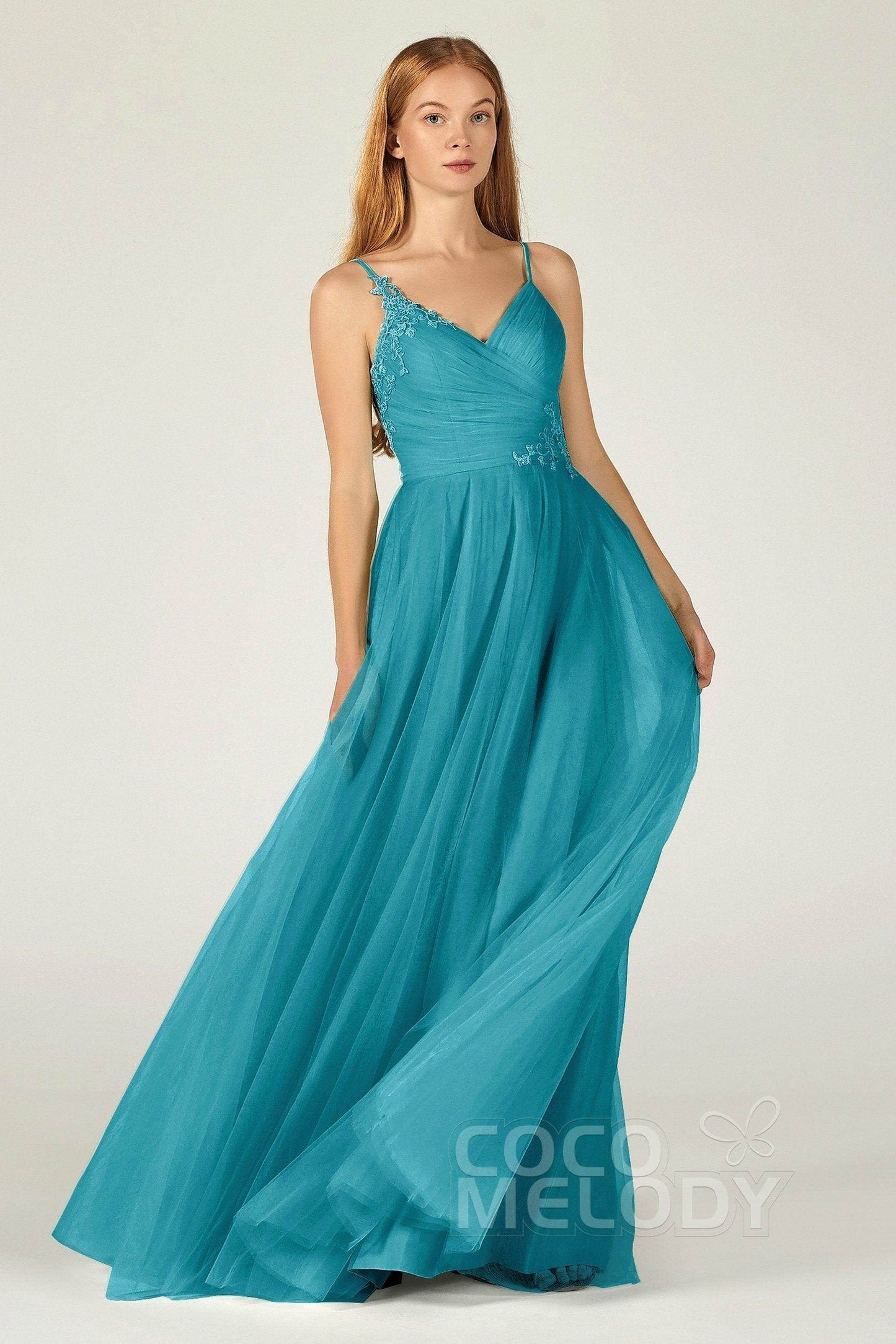 A-Line Floor Length Tulle Bridesmaid Dress CB0383 - COCOMELODY