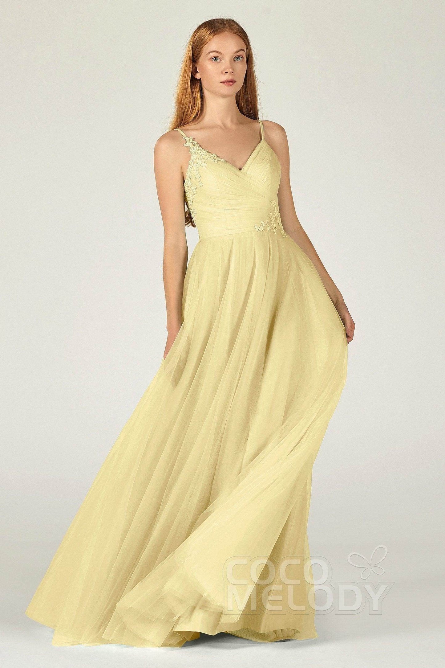 A-Line Floor Length Tulle Bridesmaid Dress CB0383 - COCOMELODY