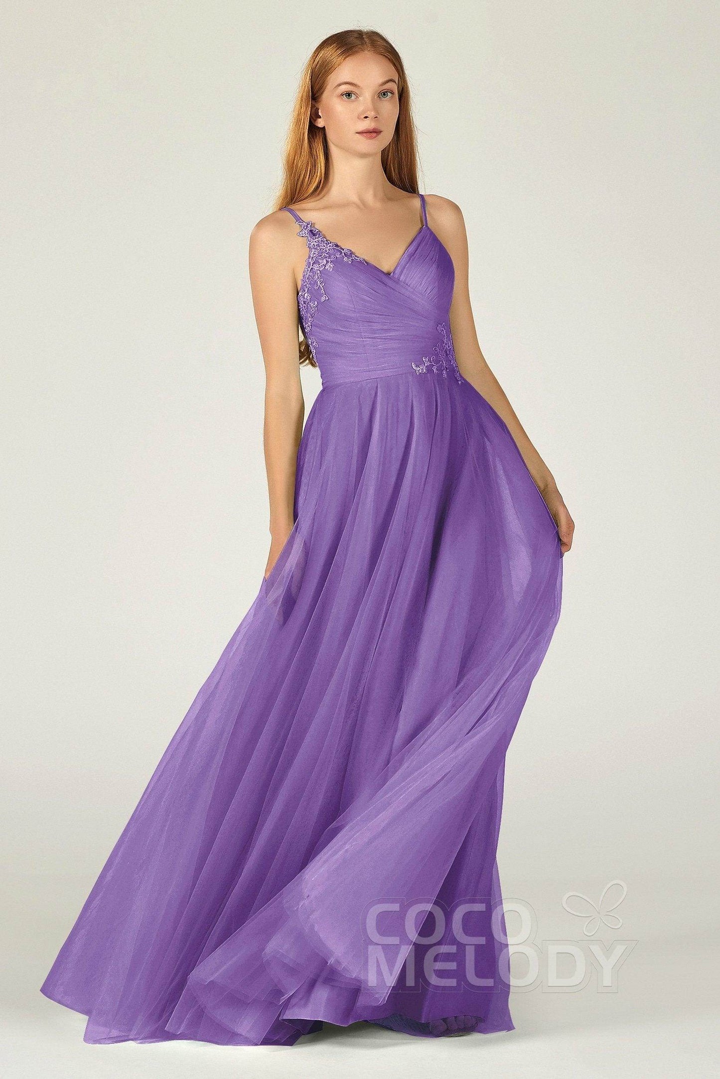 A-Line Floor Length Tulle Bridesmaid Dress CB0383 - COCOMELODY
