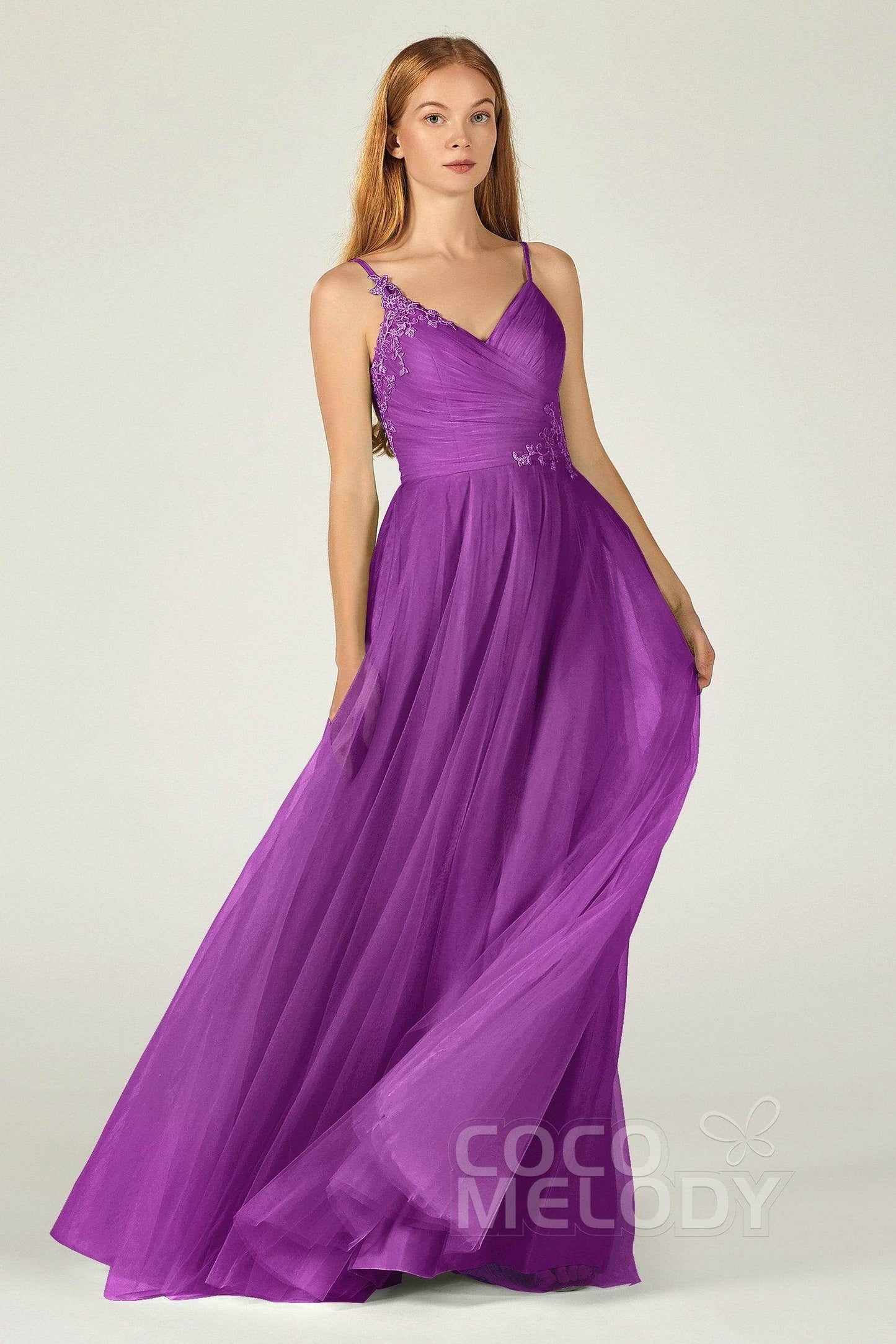 A-Line Floor Length Tulle Bridesmaid Dress CB0383 - COCOMELODY