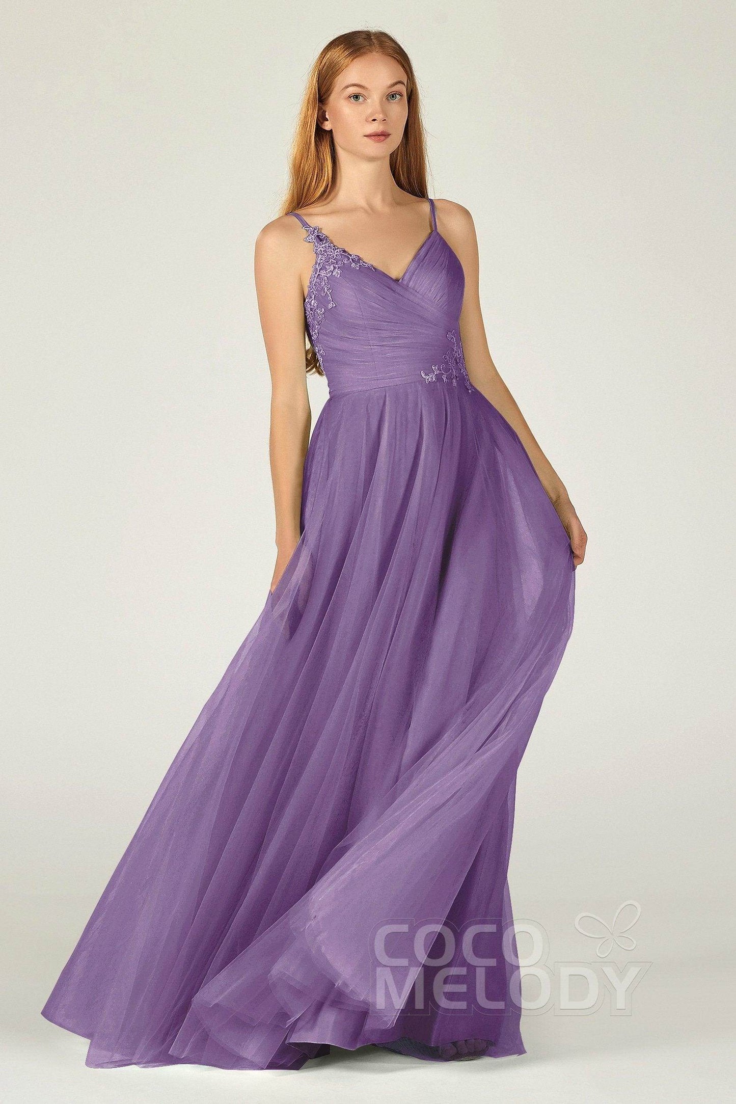 A-Line Floor Length Tulle Bridesmaid Dress CB0383 - COCOMELODY