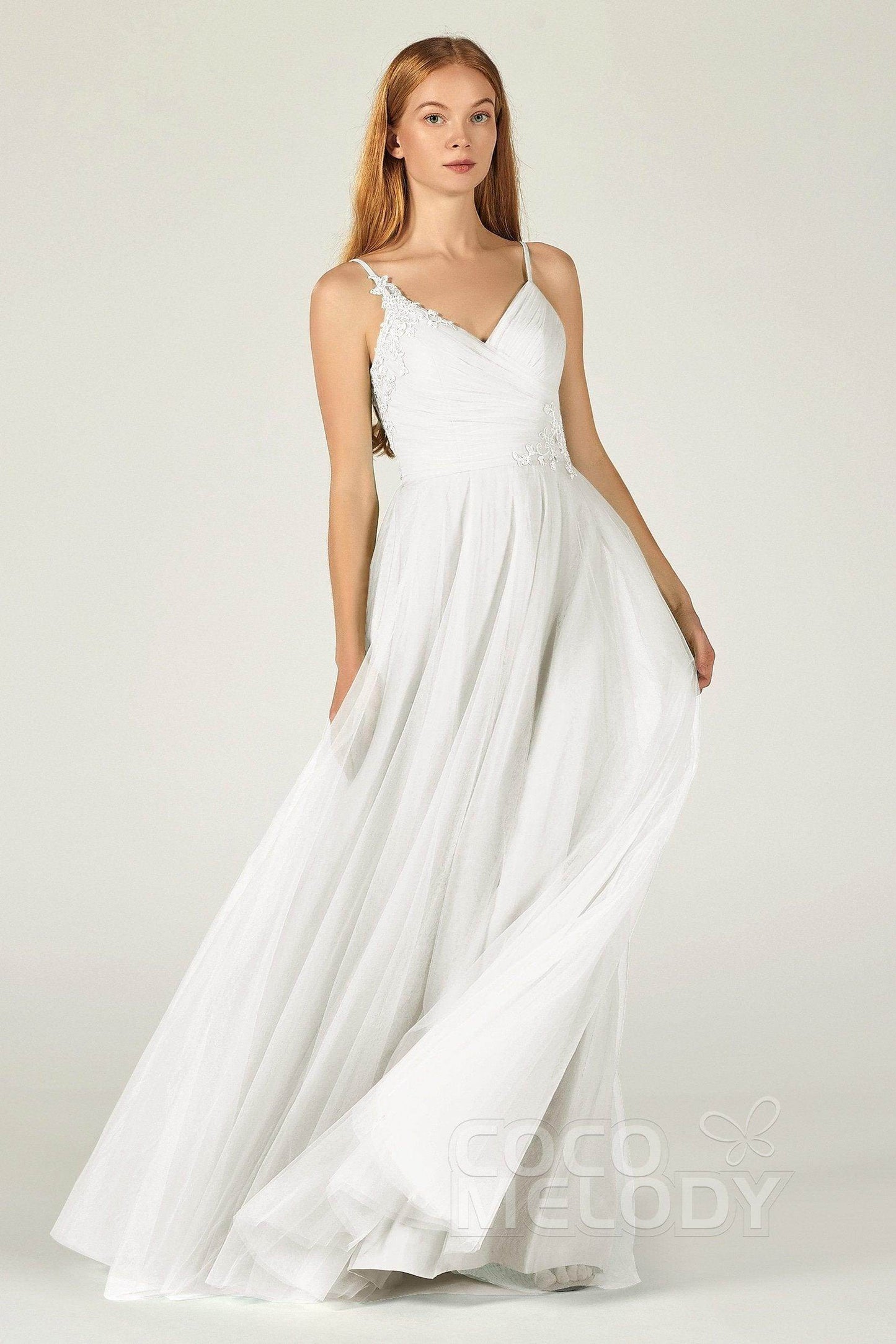 A-Line Floor Length Tulle Bridesmaid Dress CB0383 - COCOMELODY