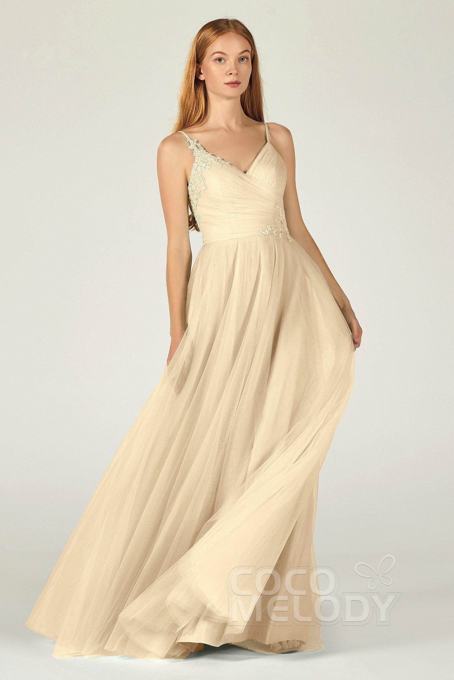 A-Line Floor Length Tulle Bridesmaid Dress CB0383 - COCOMELODY