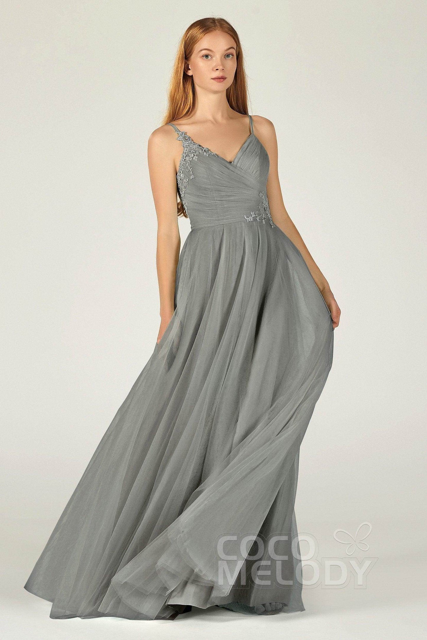 A-Line Floor Length Tulle Bridesmaid Dress CB0383 - COCOMELODY