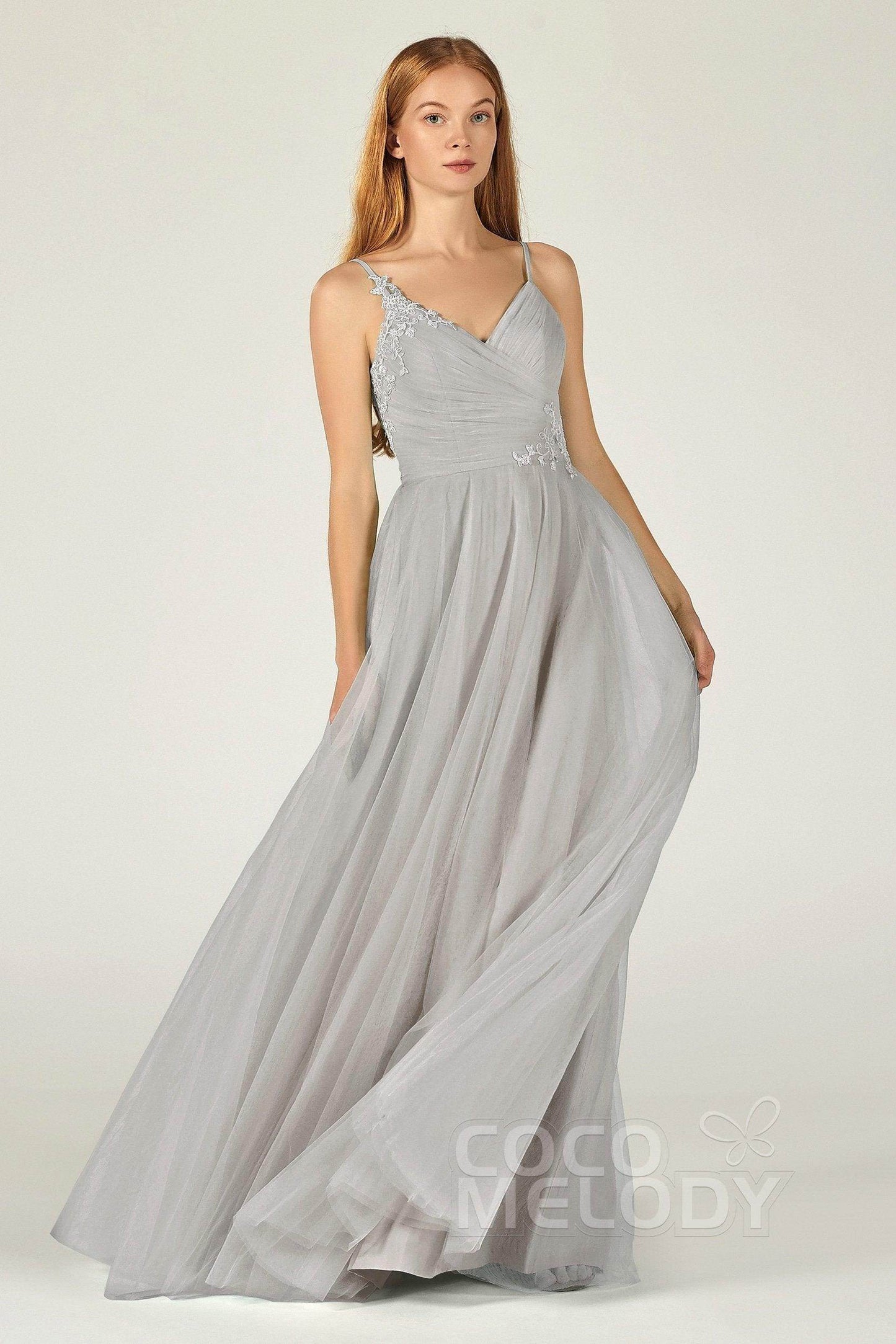 A-Line Floor Length Tulle Bridesmaid Dress CB0383 - COCOMELODY