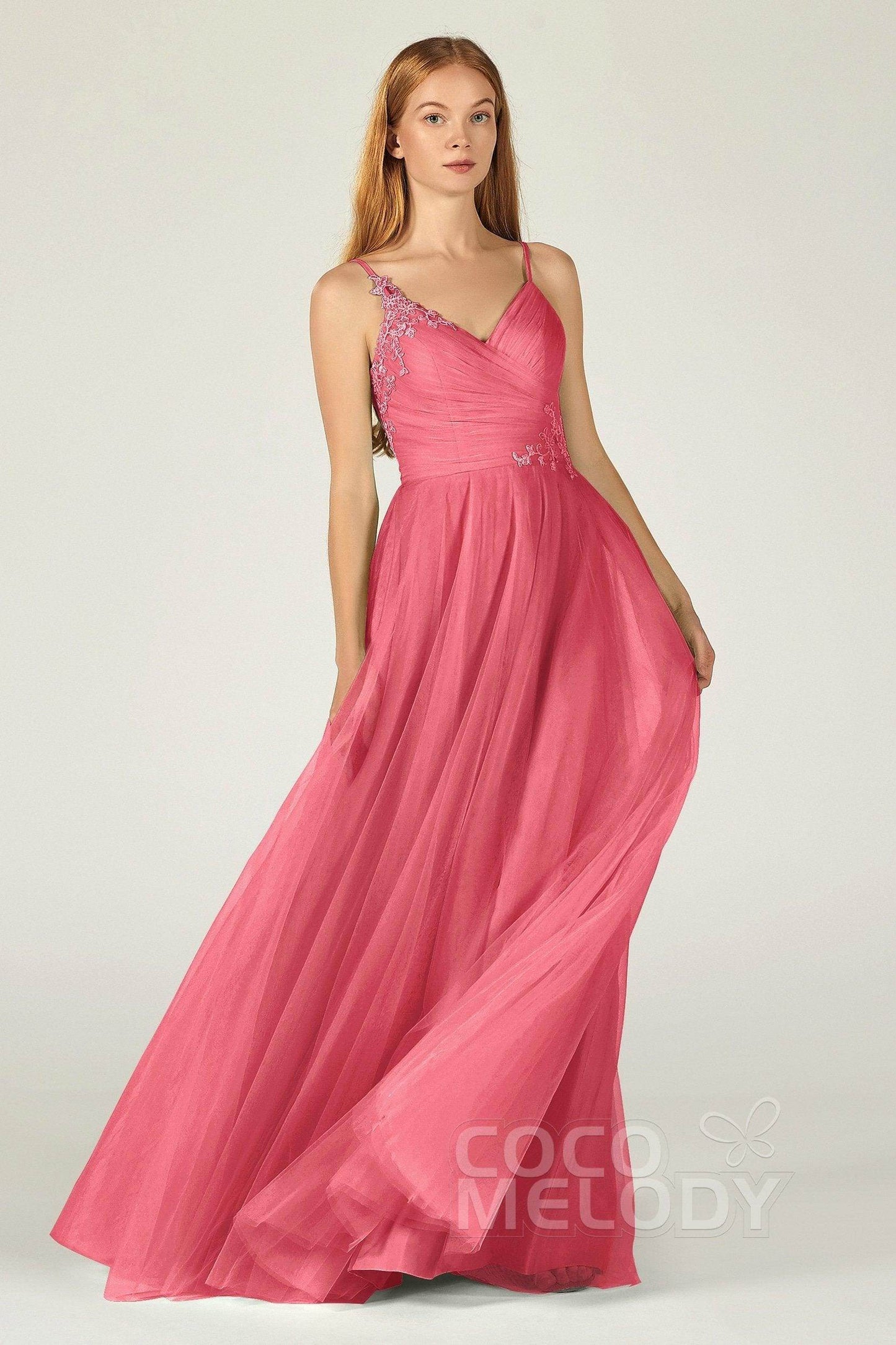 A-Line Floor Length Tulle Bridesmaid Dress CB0383 - COCOMELODY
