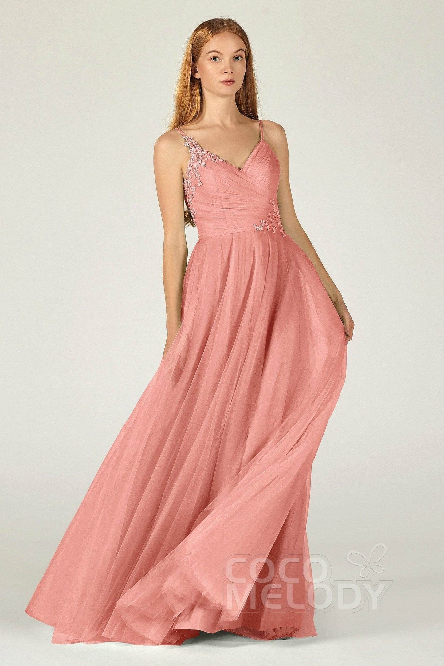 A-Line Floor Length Tulle Bridesmaid Dress CB0383 - COCOMELODY