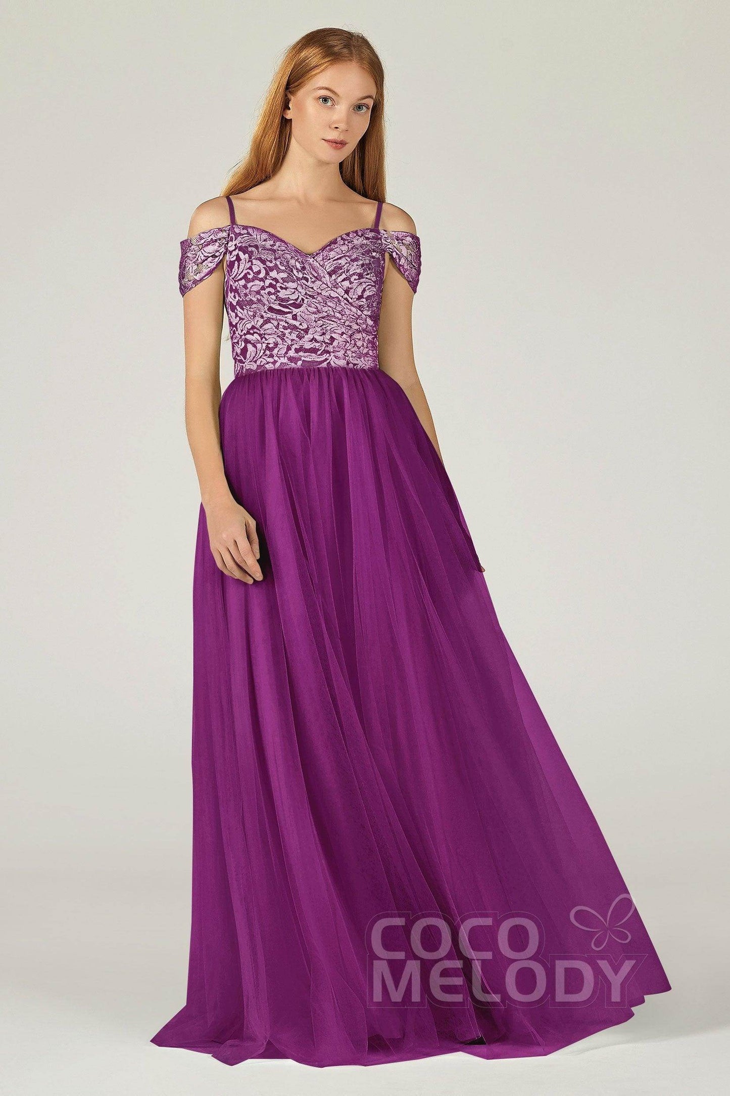 A-Line Floor Length Tulle Lace Bridesmaid Dress CB0384 - COCOMELODY