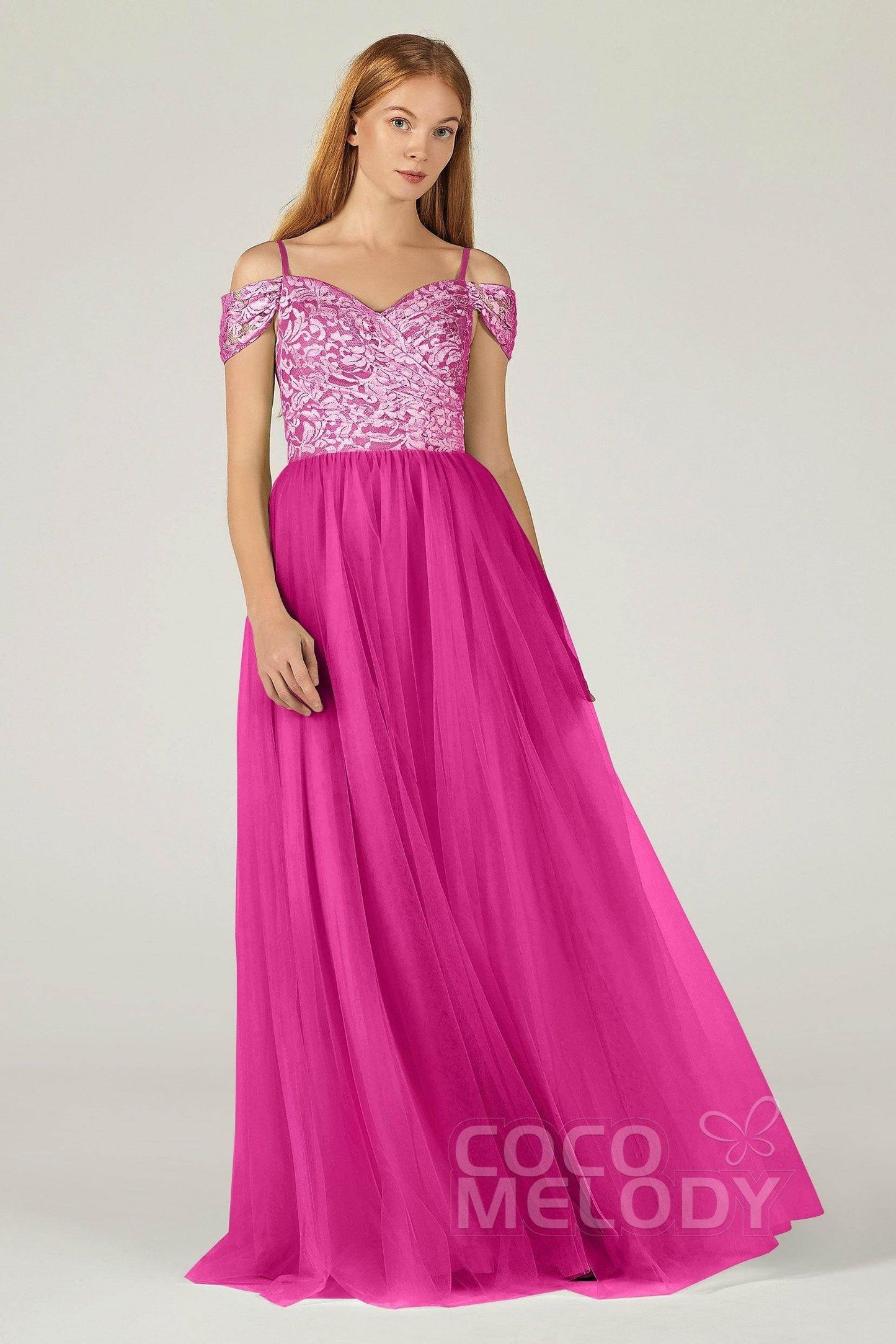 A-Line Floor Length Tulle Lace Bridesmaid Dress CB0384 - COCOMELODY