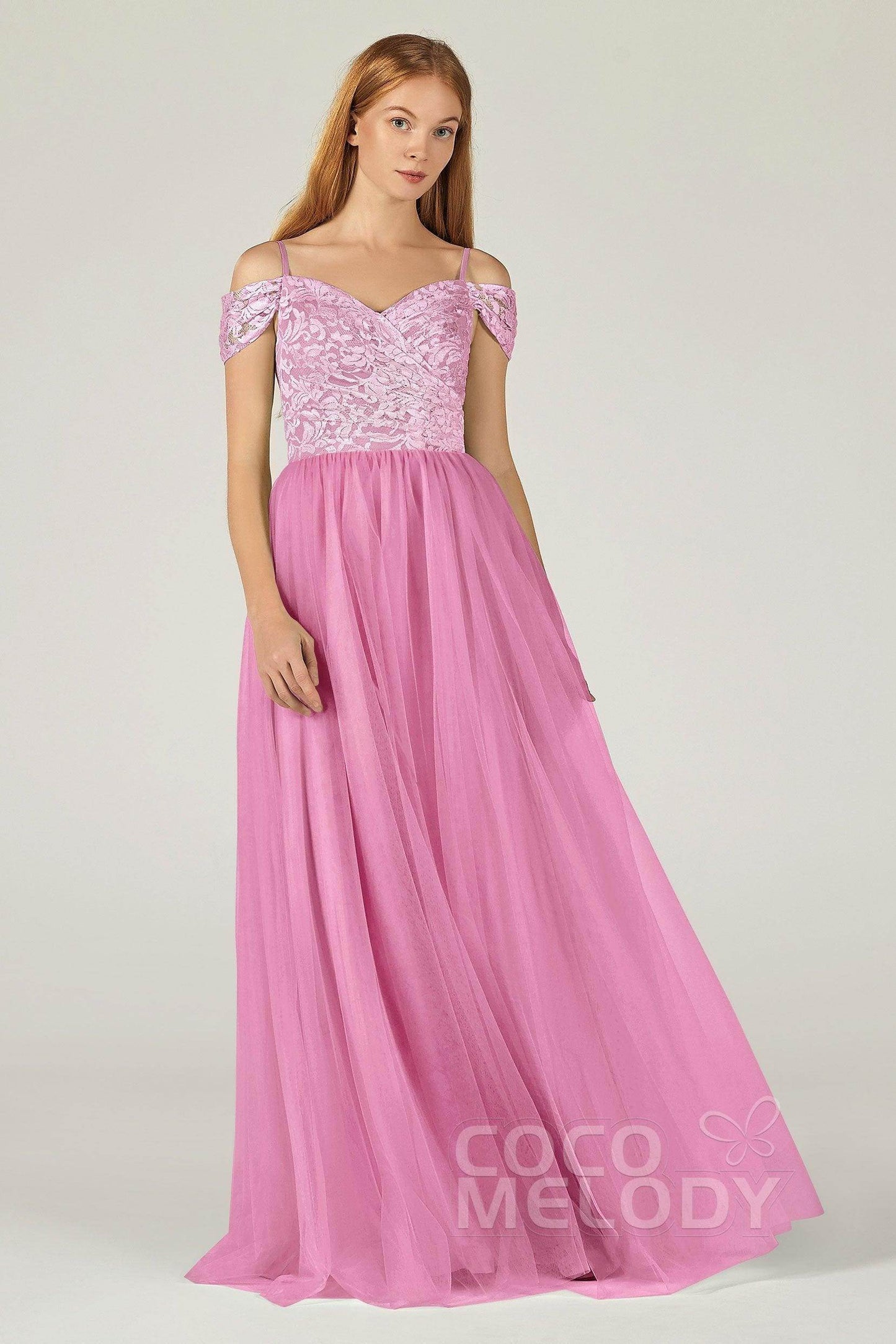 A-Line Floor Length Tulle Lace Bridesmaid Dress CB0384 - COCOMELODY