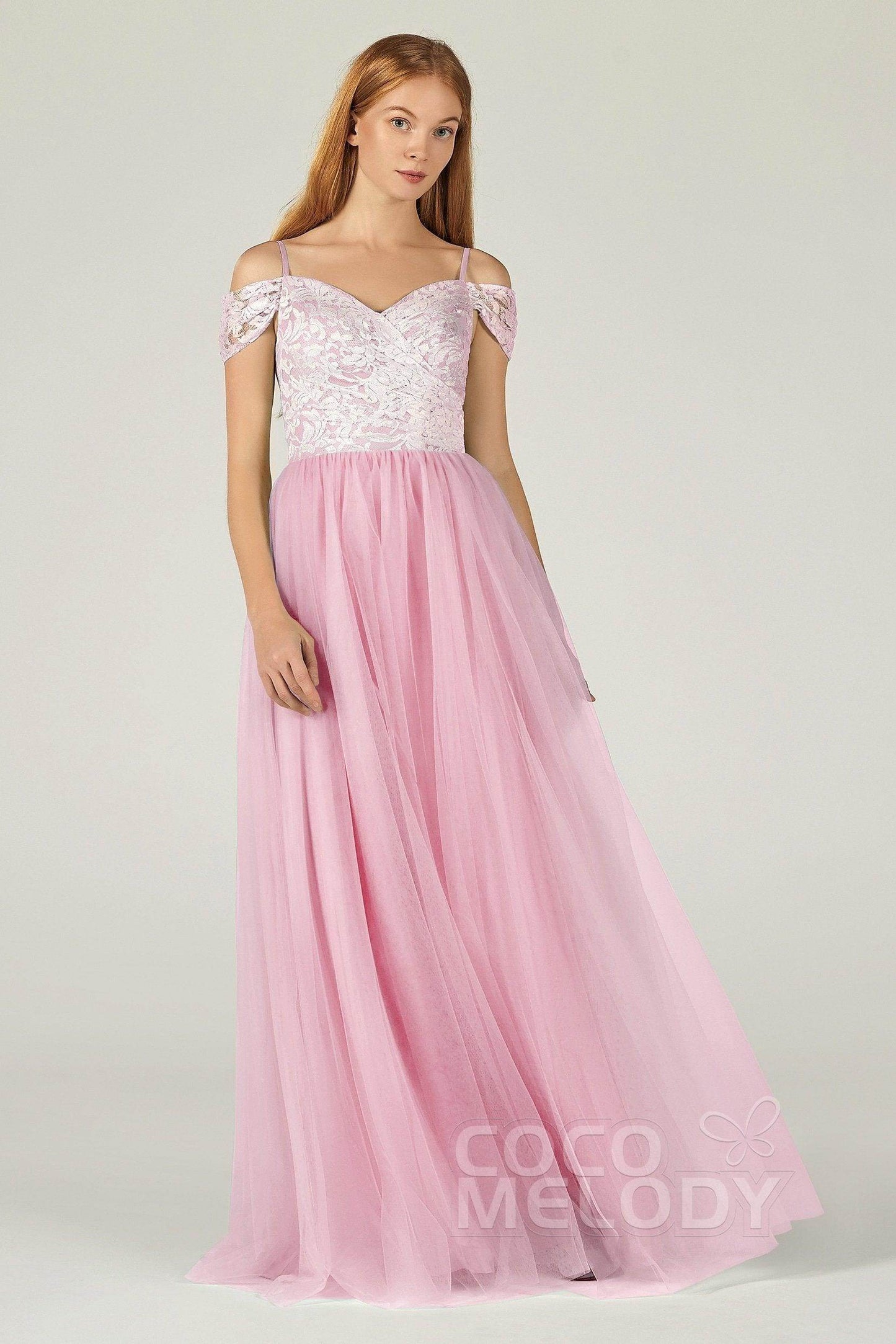A-Line Floor Length Tulle Lace Bridesmaid Dress CB0384 - COCOMELODY
