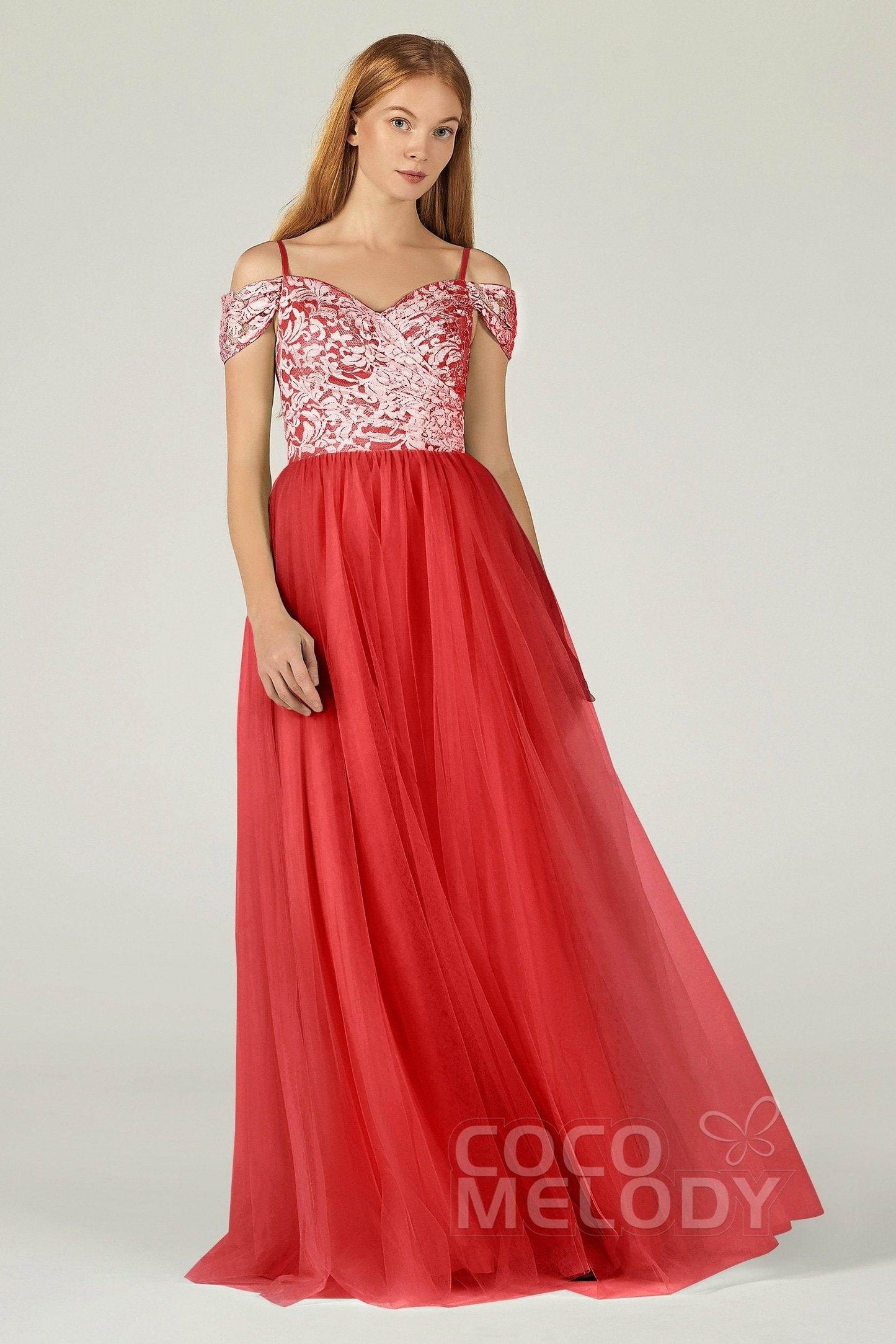 A-Line Floor Length Tulle Lace Bridesmaid Dress CB0384 - COCOMELODY