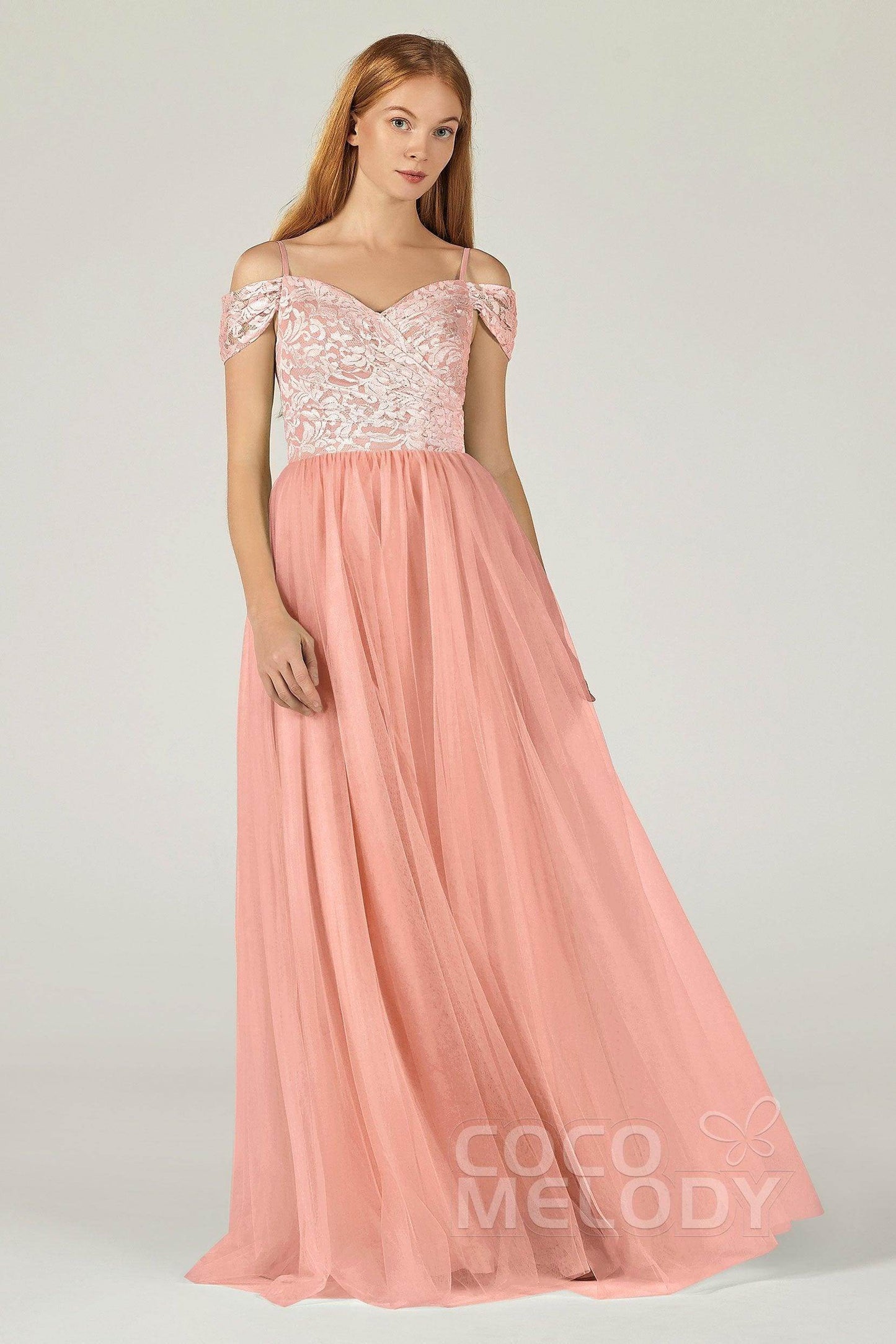 A-Line Floor Length Tulle Lace Bridesmaid Dress CB0384 - COCOMELODY