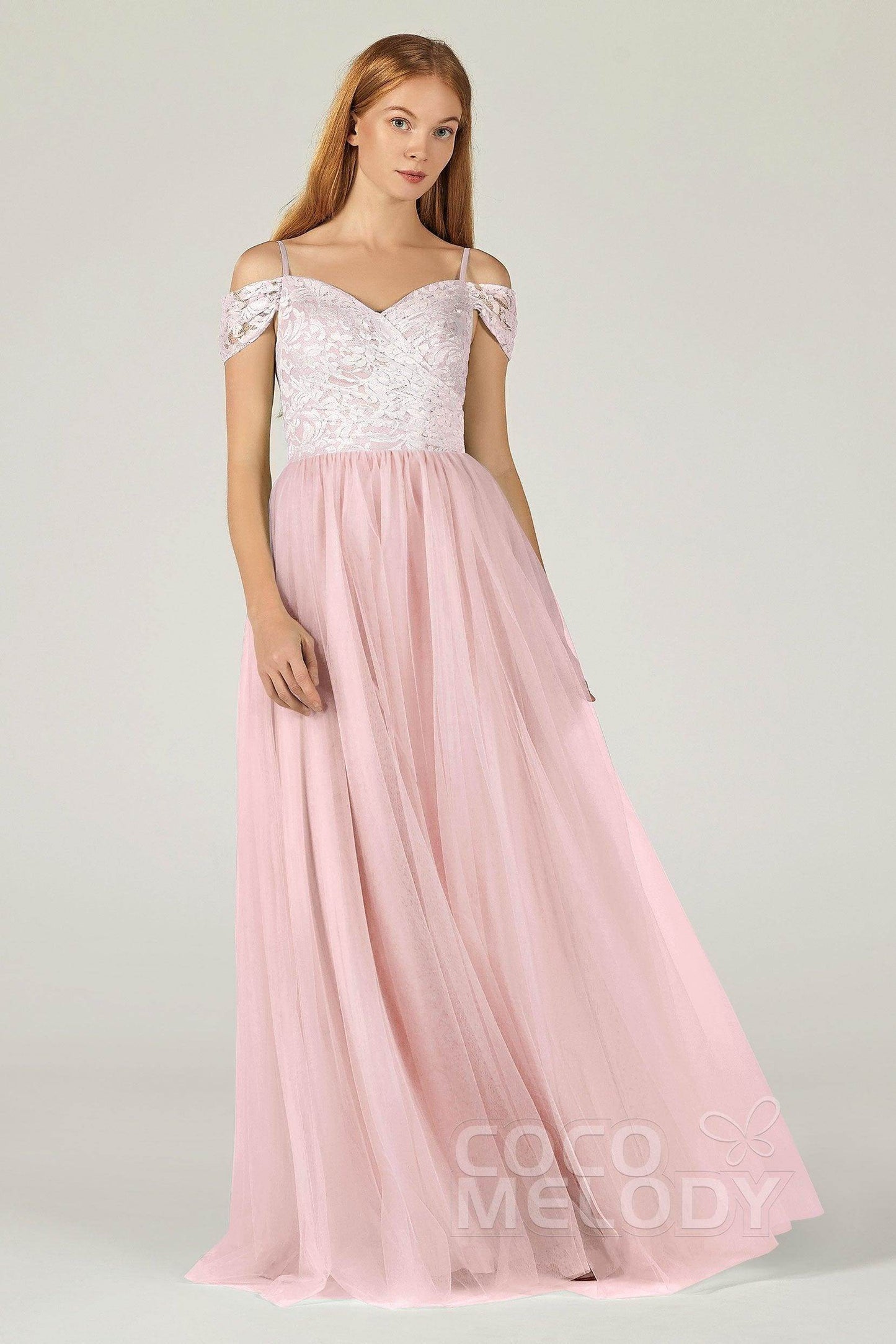 A-Line Floor Length Tulle Lace Bridesmaid Dress CB0384 - COCOMELODY