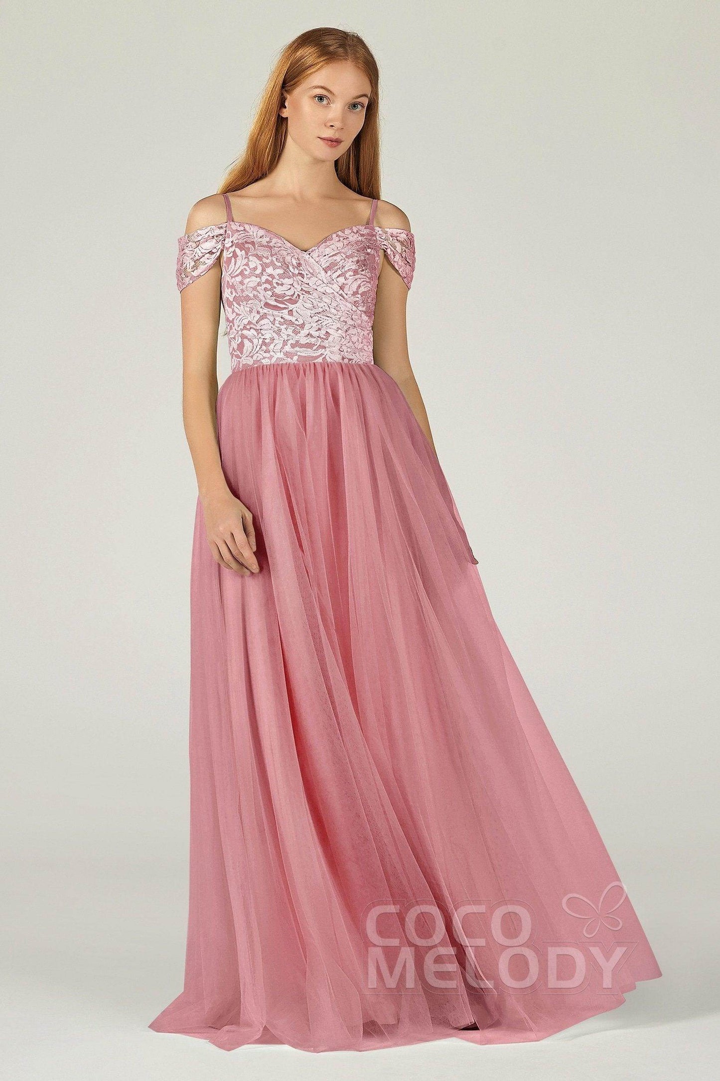 A-Line Floor Length Tulle Lace Bridesmaid Dress CB0384 - COCOMELODY