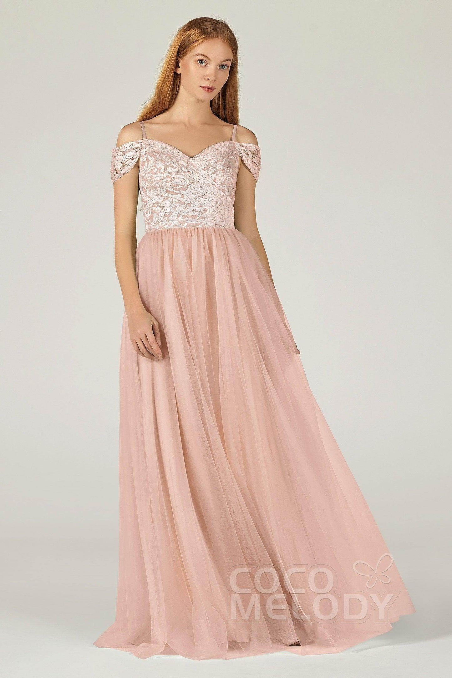 A-Line Floor Length Tulle Lace Bridesmaid Dress CB0384 - COCOMELODY